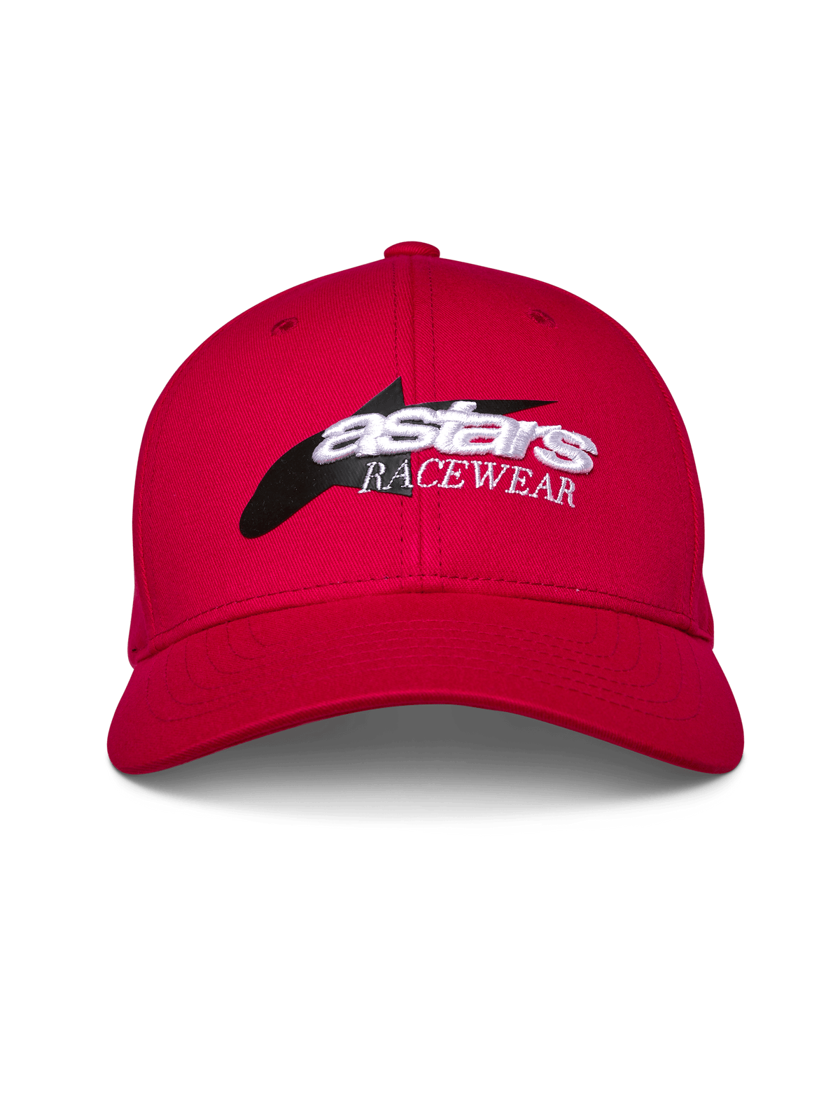 Alpinestars Profile keps, röd, strukturerad snapback med böjd skärm, frontlogotyp med svart stjärngrafik och vitt 3D-broderat 'astars RACEWEAR', casual motorsport-livsstilshuvudbonad