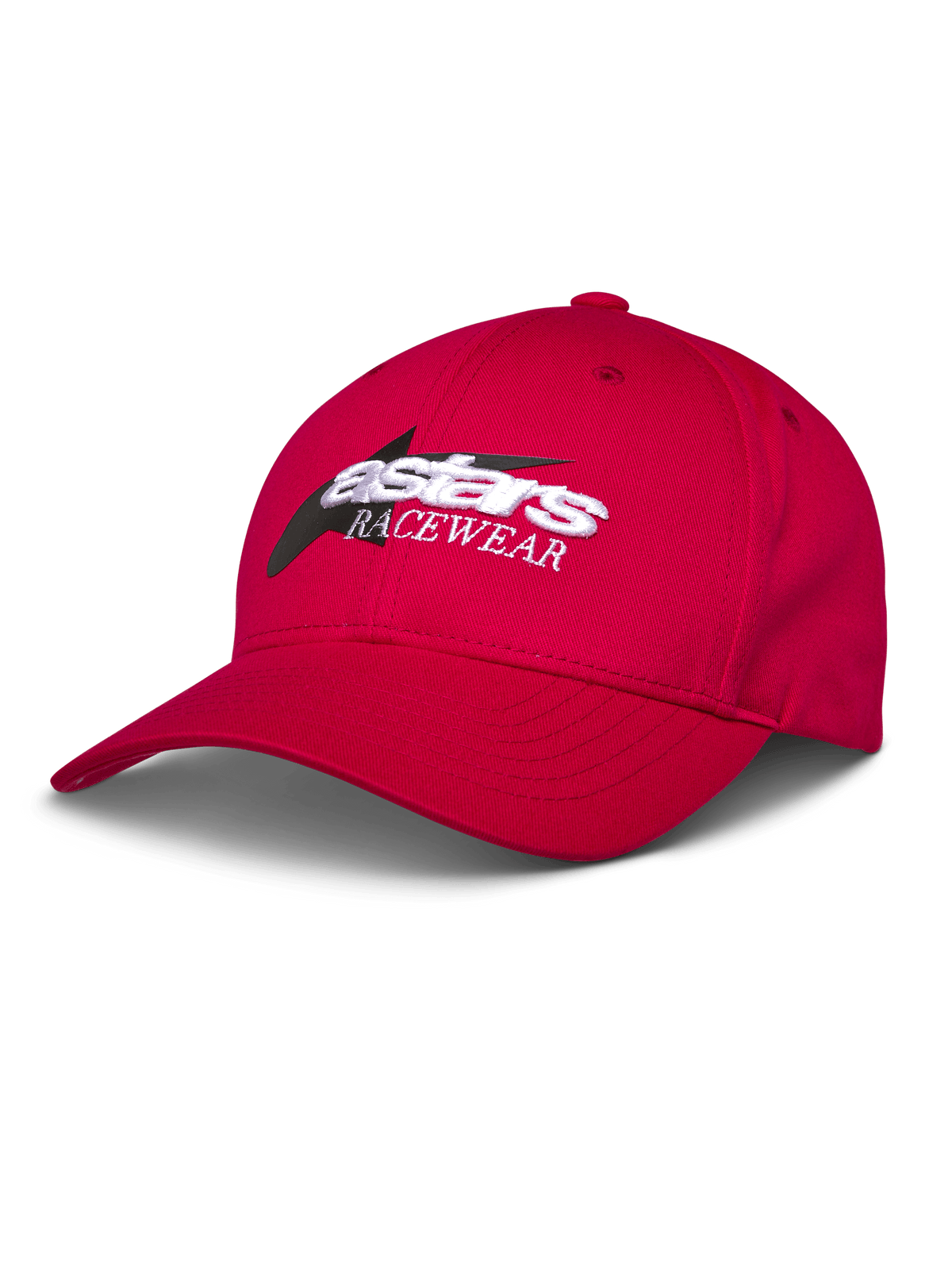 Alpinestars Profile Hat, röd baseballkeps, vit och svart broderad Astars RACEWEAR-logotyp, böjd skärm och strukturerad krona, avslappnad motorsport-streetwear