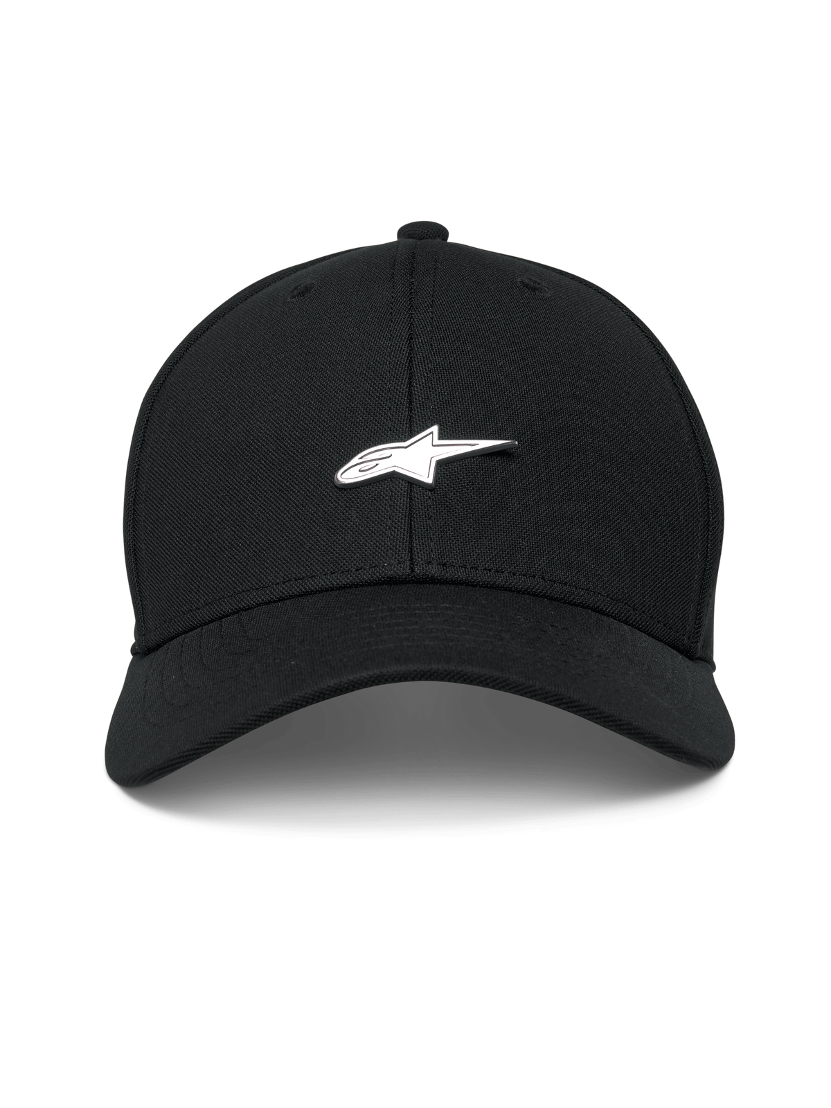 Alpinestars Metal Logo Hat, svart baseballkeps med strukturerad krona och böjd skärm, 3D-format logomärke i metall, mini piqué-material, casual motorsport-streetwear
