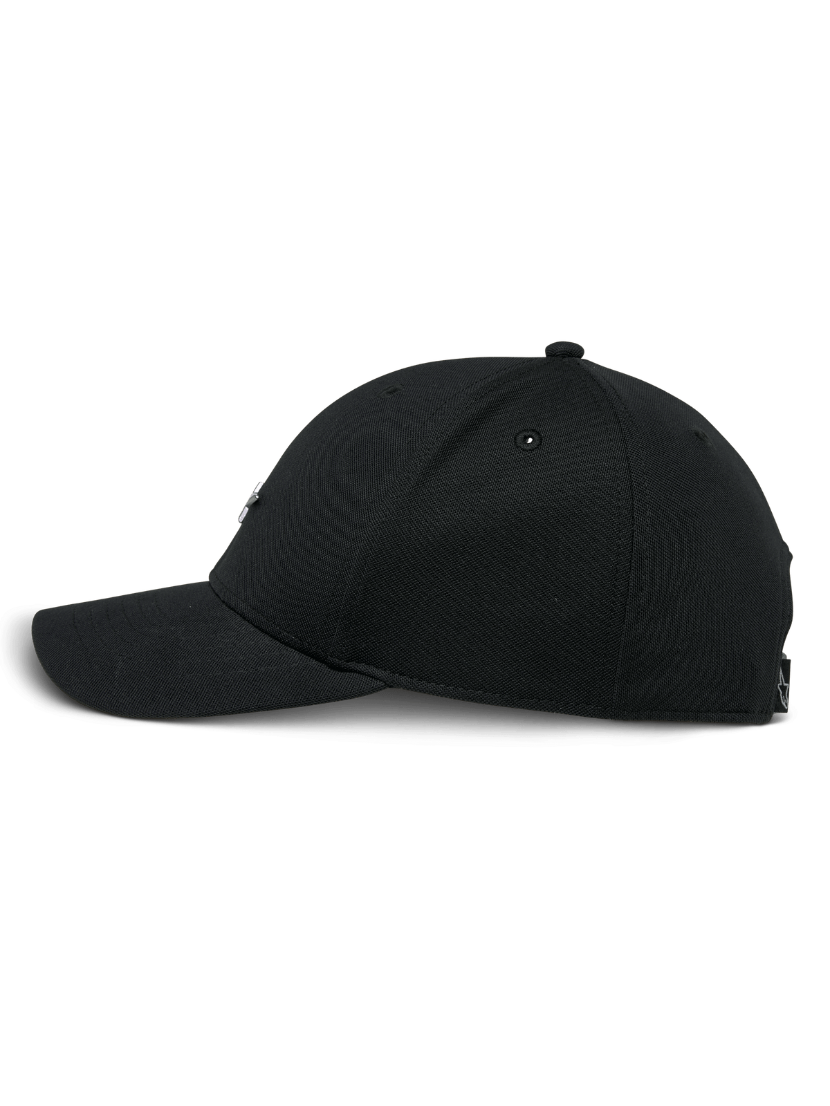 Alpinestars Metal Logo keps, svart snapback-keps, profilvy, böjd skärm med strukturerad krona, mini piqué-material, avslappnad motorsportinspirerad streetwear