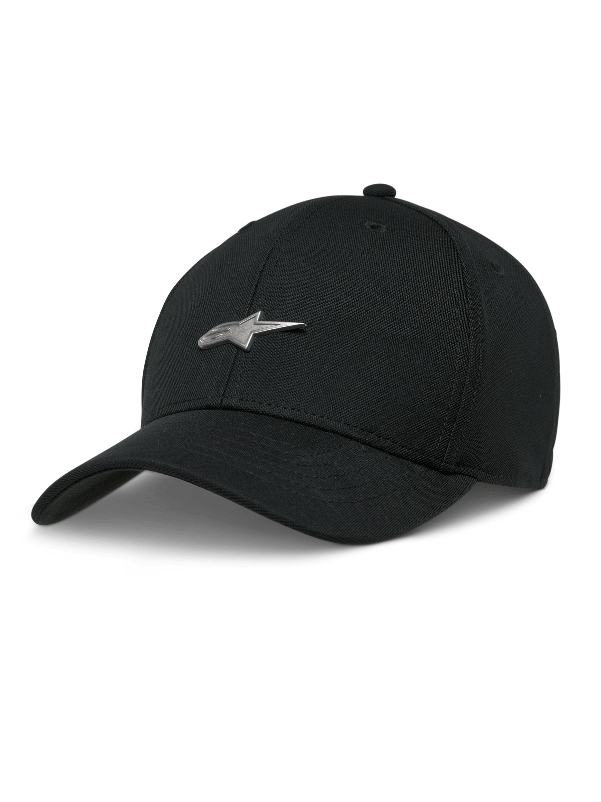 Alpinestars Metal Logo Hat, svart baseballkeps med silverfärgad 3D-stjärnlogotyp i metall, böjd skärm, strukturerad krona, avslappnad motorsportstil