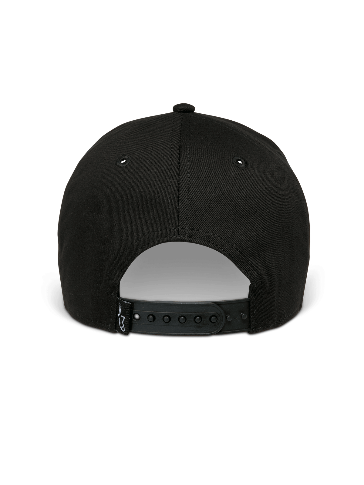Alpinestars Canyon keps, svart snapback-keps sedd bakifrån med justerbar knäppning och en liten vävd Astars-logotypetikett, material i 100 % bomullstwill, vardaglig motorsportinspirerad huvudbonad