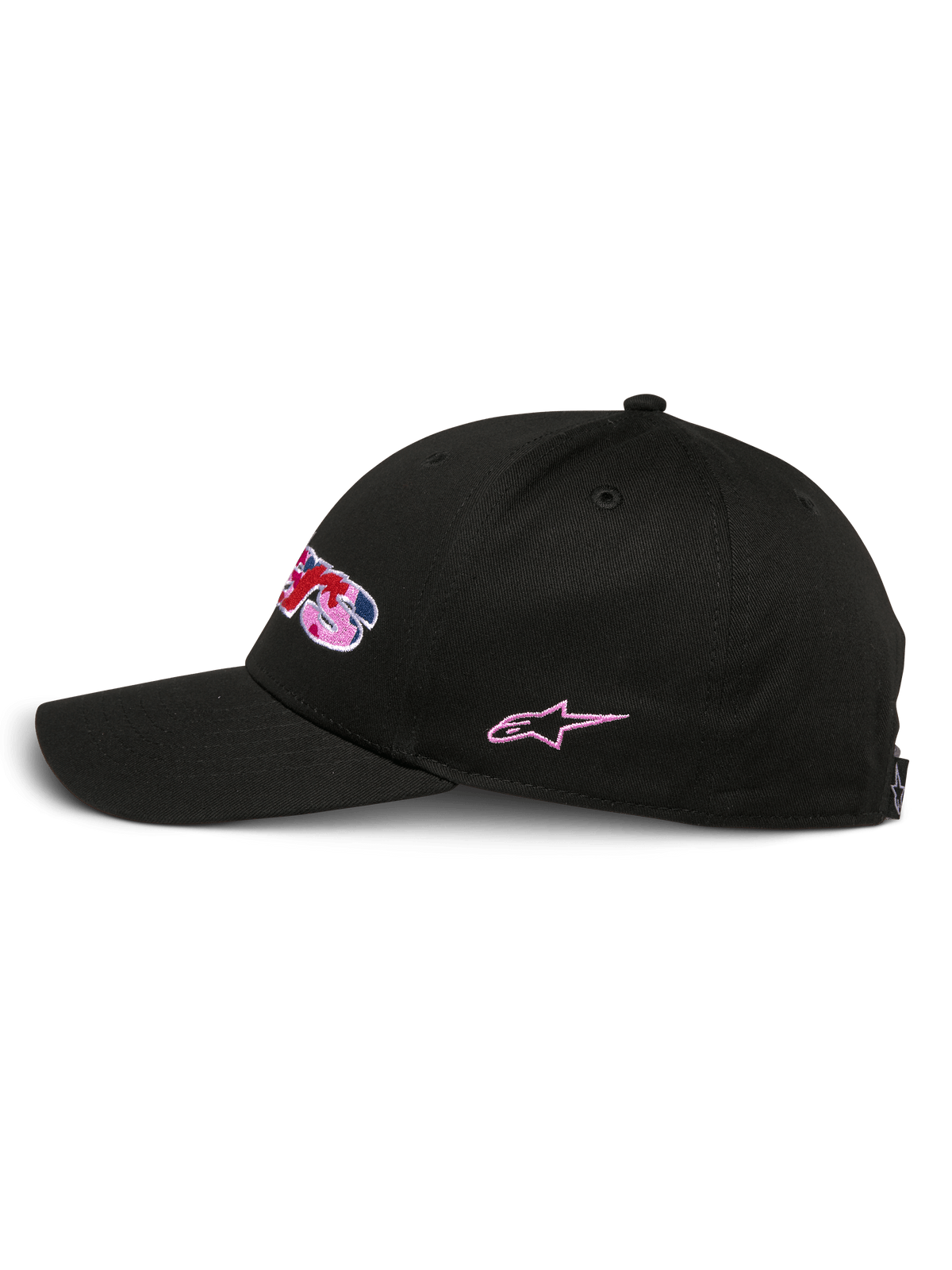 Alpinestars Canyon keps, svart snapback-keps, sedd från sidan, strukturerad krona med böjd skärm, broderad logotyp framtill med kamouflagefyllning och rosa detaljer, rosa stjärnbroderi på sidan, casual motorsportstil