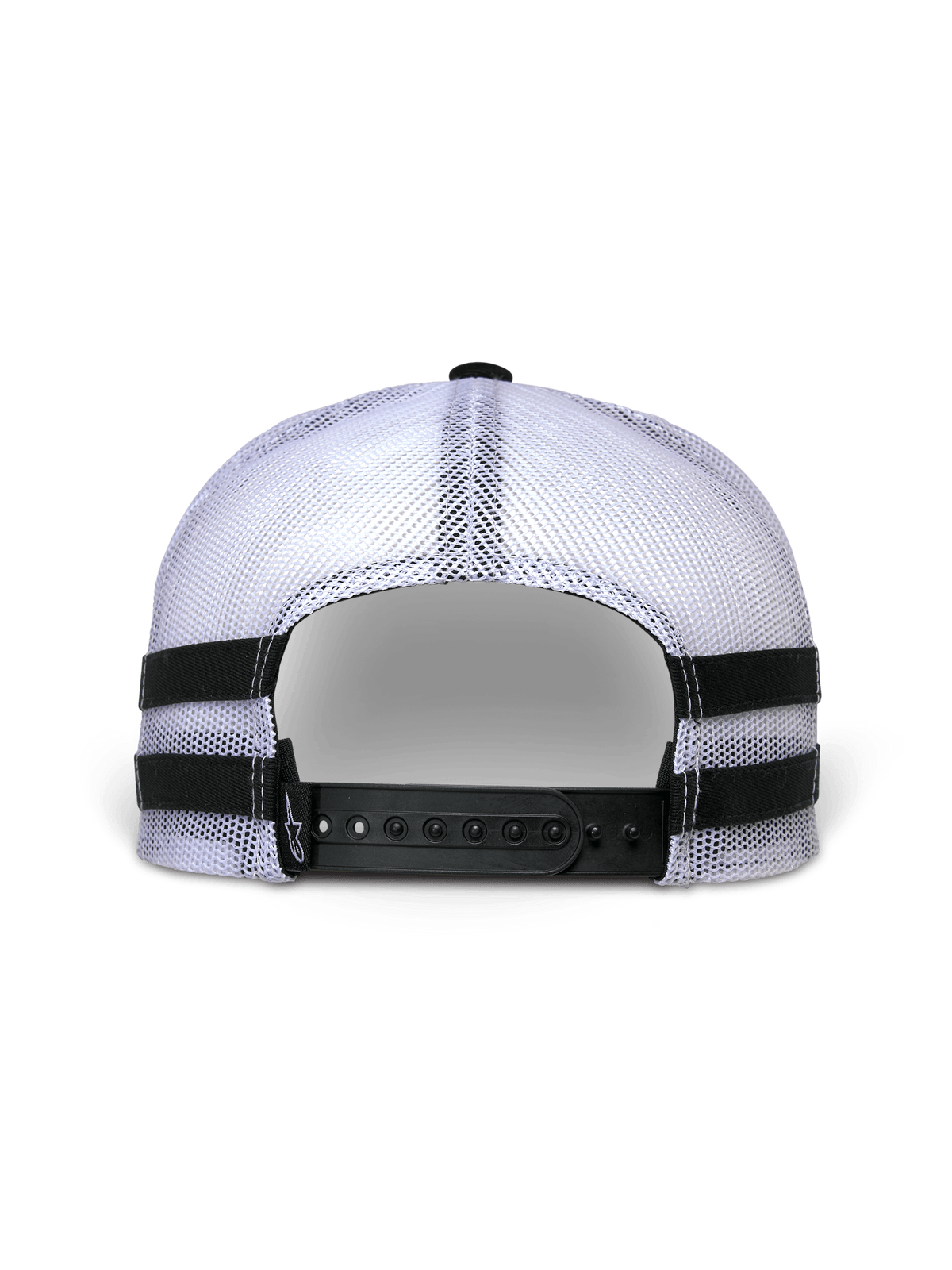 Alpinestars Backline Trucker-keps, vy bakifrån, vit meshbaksida med svart snapback-stängning, horisontella svarta applicerade ränder på sidorna, avslappnad motorsport-streetwearstil