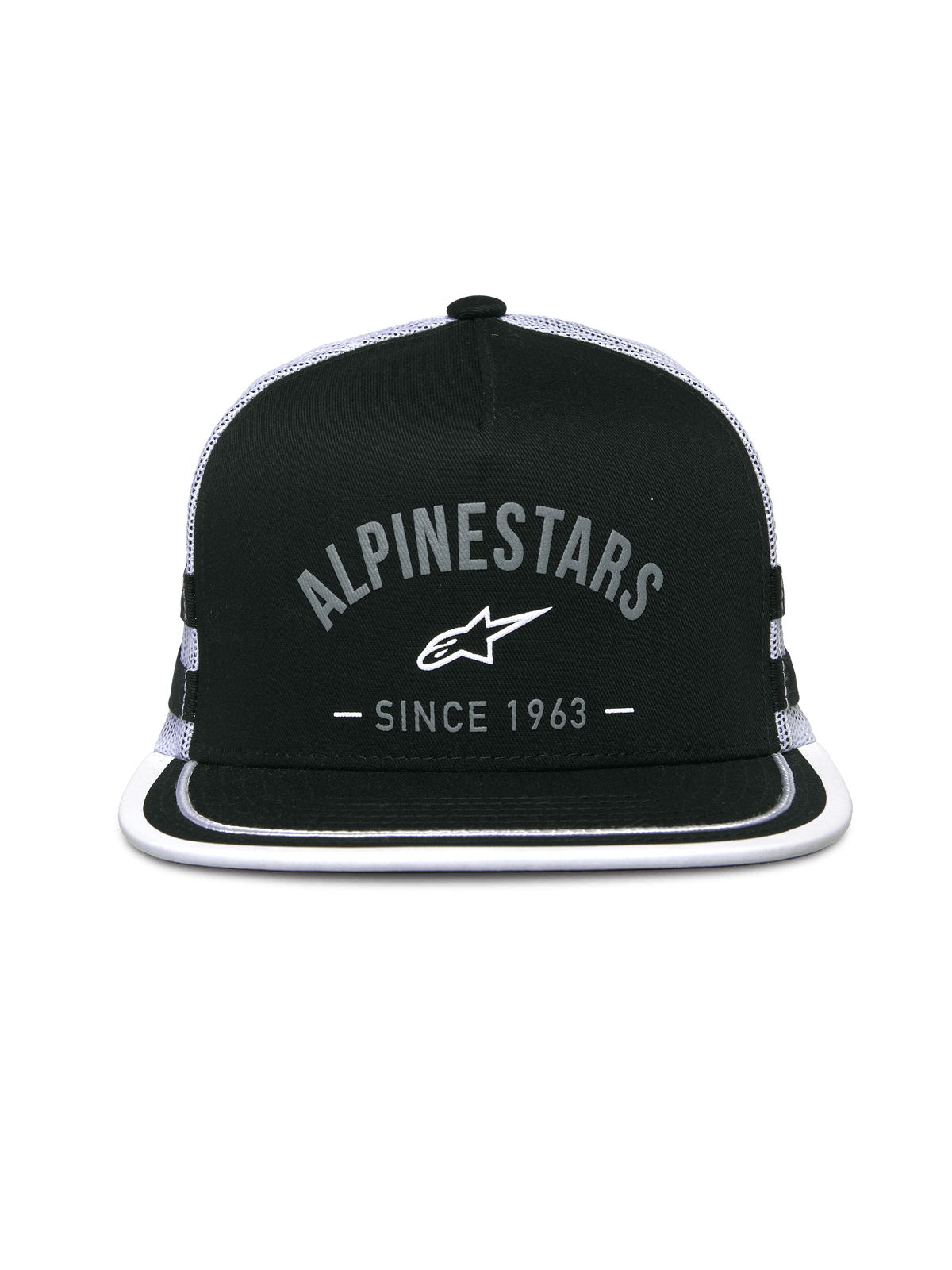 Alpinestars Backline Trucker Hat, truckerkeps, svart och vit, logotypgrafik framtill med 'Alpinestars Since 1963', platt skärm med vit kant, strukturerad krona och baksida i mesh