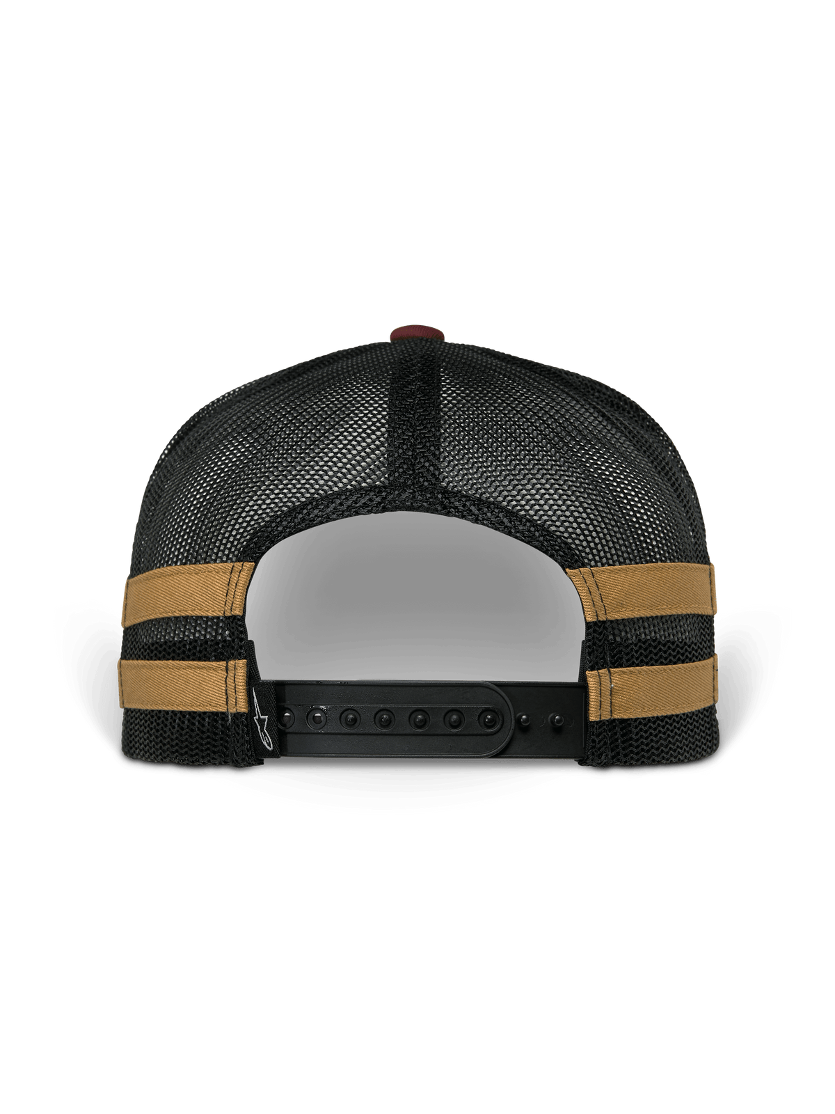 Alpinestars Backline Trucker-keps, baksida, svart baksida i polymesh med senapsgula ränder på sidorna, justerbar svart snapback-stängning, avslappnad motorsportinspirerad huvudbonad
