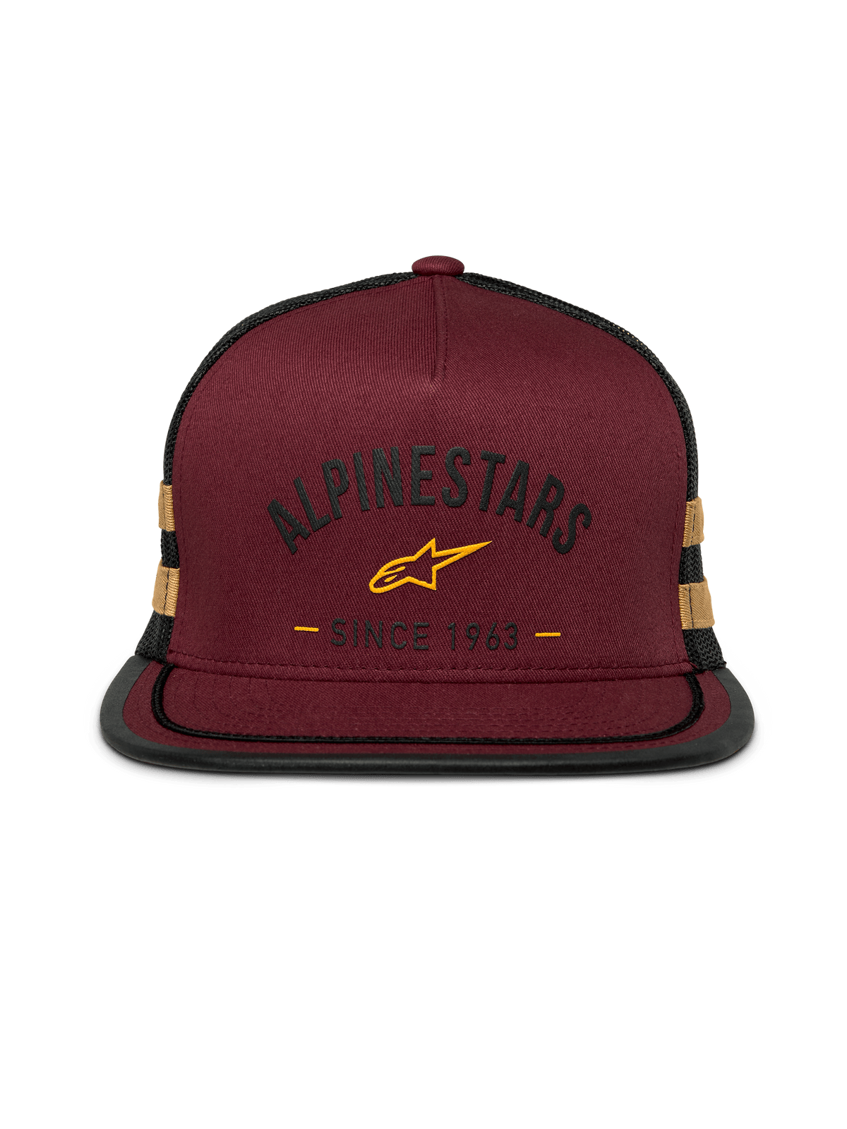 Alpinestars Backline Trucker-keps, snapback med platt skärm, tegelröd framsida i twill med svart mesh-baksida, senapsgul logotyp och ränder på sidorna, strukturerad krona med soutache-kantband på skärmen, avslappnat motorsport-streetwear