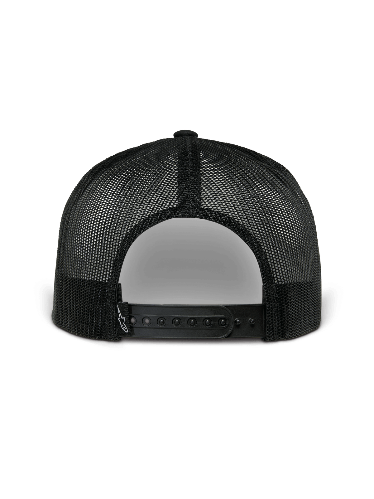 Alpinestars Orion Trucker Hat, baksida, mörkblå och svart, med svart polyesternät och snapback-knäppning, vardaglig motorsportinspirerad huvudbonad