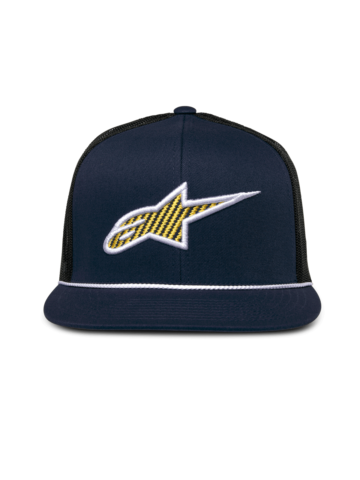 Alpinestars Orion Trucker Hat, marinblå och svart, 3D Ageless-logotyp framtill med gult mönster och vit kant, platt skärm med vit repsnodd, strukturerad krona och svart mesh-baksida, casual motorsportkeps