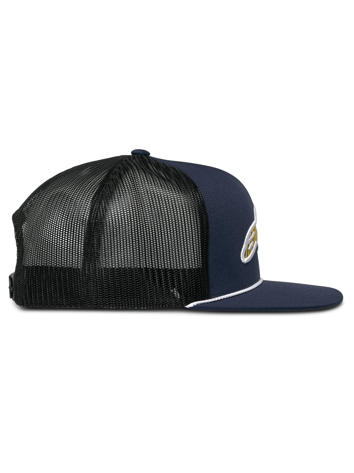 Alpinestars Orion Trucker-keps, sidoprofil, marinblå twillfront med svart nätbaksida, platt skärm med vit repsnodd, strukturerad krona, avslappnad motorsportkeps