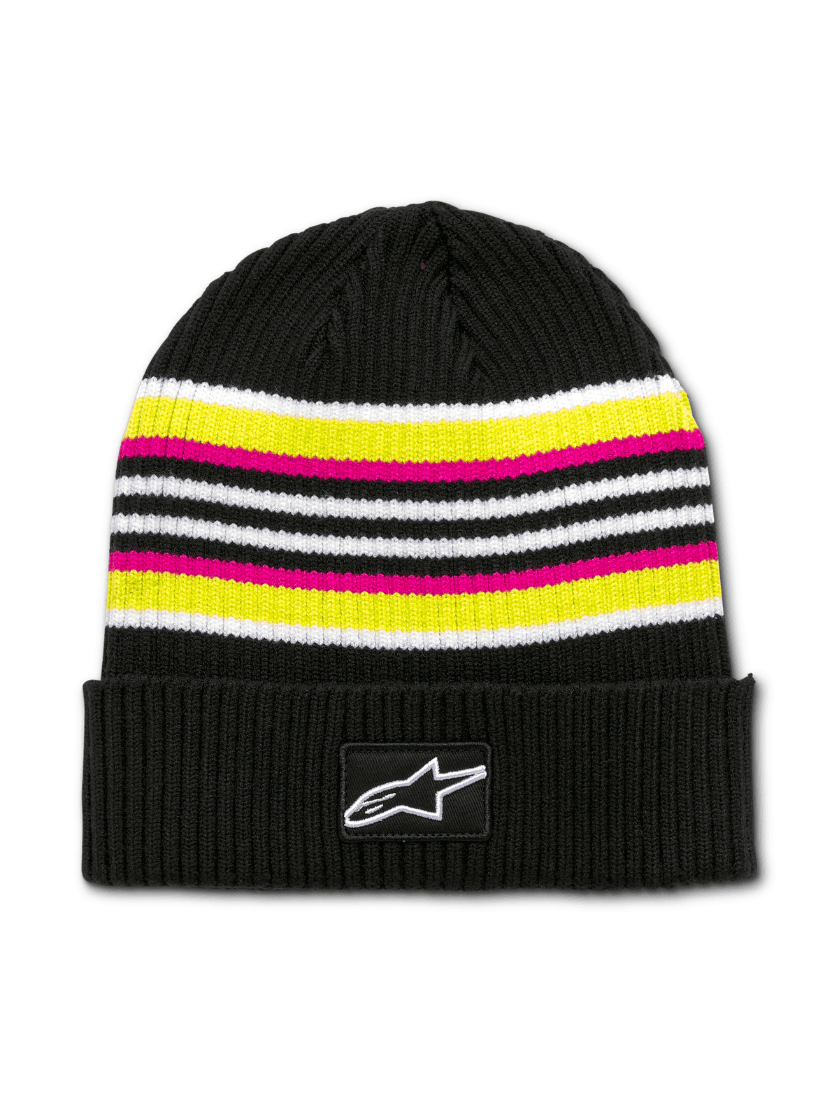 Alpinestars Bolted Cuff Beanie, stickad mössa, svart med ränder i vitt, gult, rosa och svart, ribbad textur, bred svart muddfåll med vit stjärnlogga