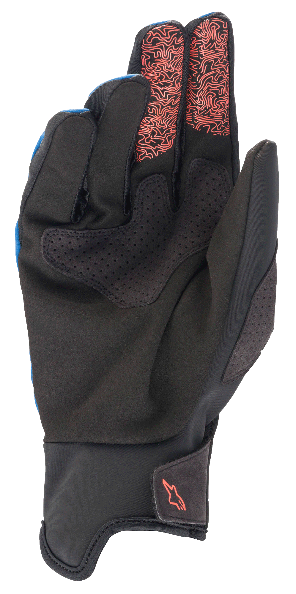 Alpinestars Denali 2-handskar, MTB-handskar, Mid Blue Black Coral Fluo, vy av handflatan som visar svart Clarino-syntetläder med perforerade detaljer, fluorescerande korallfärgade topografiska mönster på pekfinger- och långfingertopparna, samt en liten korallfärgad logotyp på manschetten.