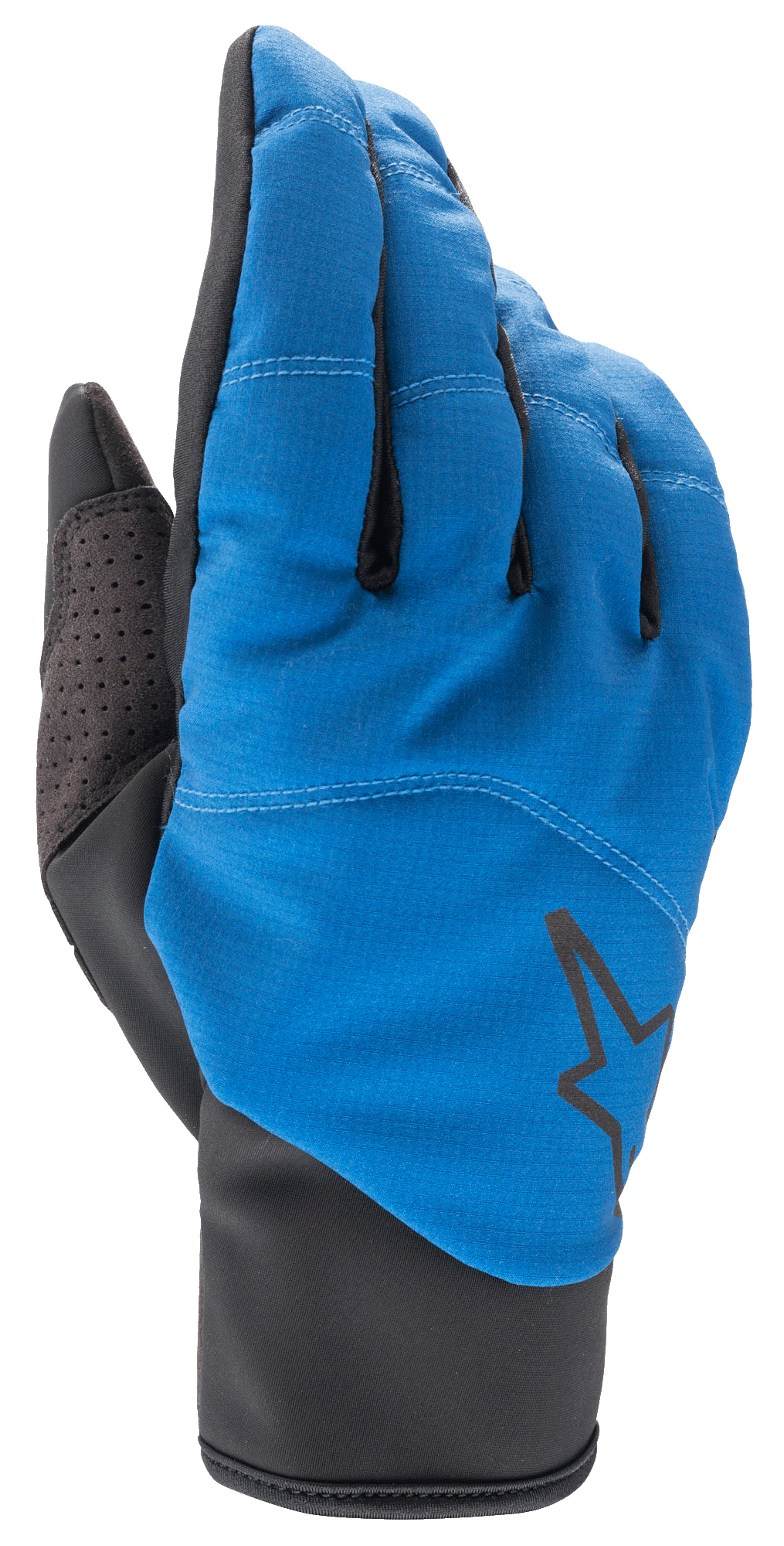 Alpinestars Denali 2-handskar, MTB-handskar, mellanblå och svarta, med väderbeständig ovansida i softshell, svart stjärnlogotyp, perforerad tumförstärkning och smidig slip-on-mudd för cykling i kallt väder.