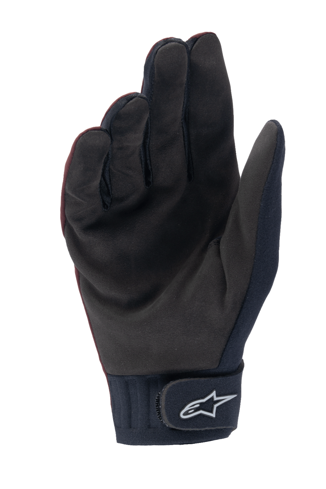 Alpinestars Stella A-Dura Thermal-handskar, MTB-handskar för damer, mörkt vinröda och svarta, vy av handflatan som visar syntetisk mocka, neoprenmudd med kardborreband och vit Alpinestars-logotyp, designade för cykling i kallt väder