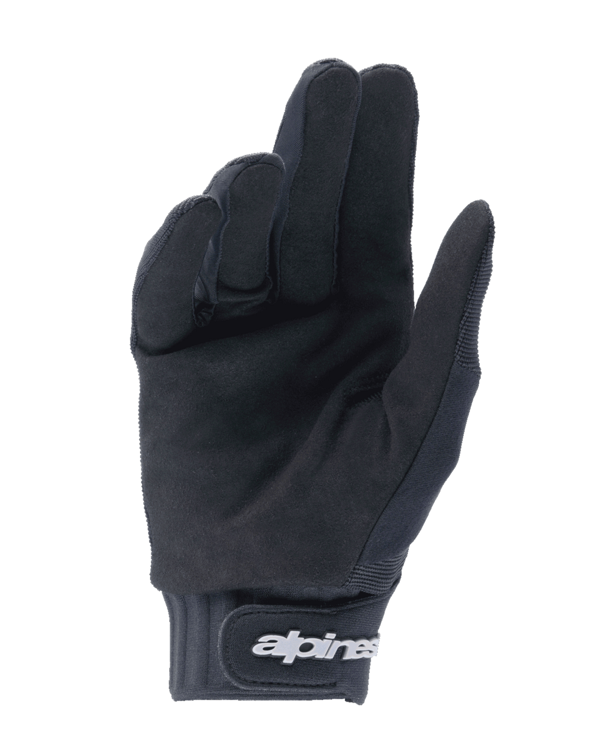 Alpinestars Youth A-Dura-handskar, svarta, vy från handflatan som visar syntetiskt mockamaterial för bra grepp, neoprenmanschett med kardborreband och vit logotyp, designade för mountainbike och terrängcykling för ungdomar