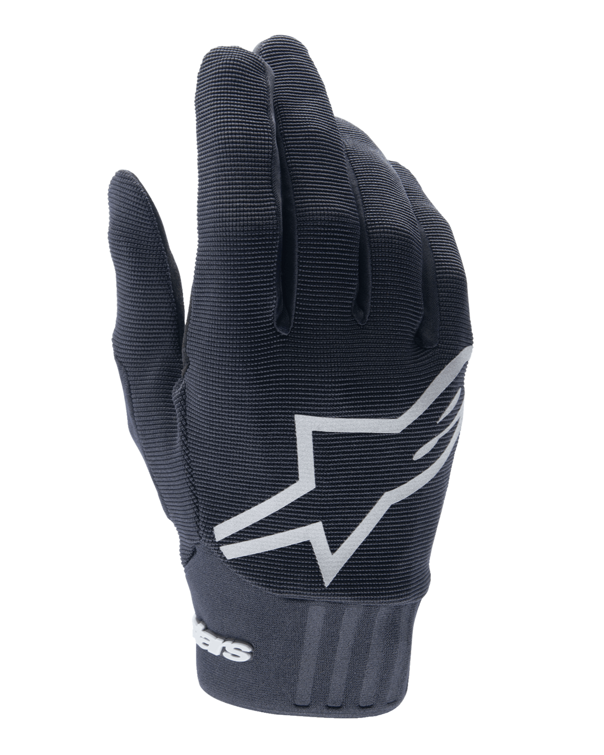 Alpinestars Youth A-Dura handskar, mountainbikehandskar, svarta, stor vit stjärnlogotyp på handryggen, texturerat tyg med ribbade detaljer vid mudden, flexibel design för terrängcykling