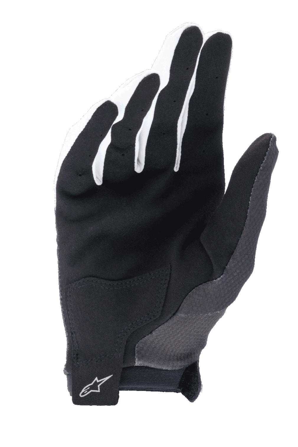 Alpinestars A-Aria Gloves, Black, palm view showing synthetic suede for grip, reinforced palm patch, and hook-and-loop wrist closure with Alpinestars logo, lightweight mountain bike gloves