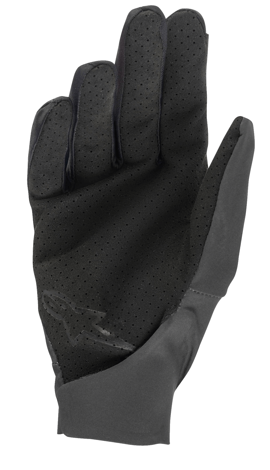 Alpinestars Drop 4.0 handskar, svarta, vy av handflatan som visar perforerat material för luftflöde, slim-fit konstruktion med lättviktigt stretchtyg, subtil logotyp på den nedre handflatan, designade för enduro- och MTB-cykling
