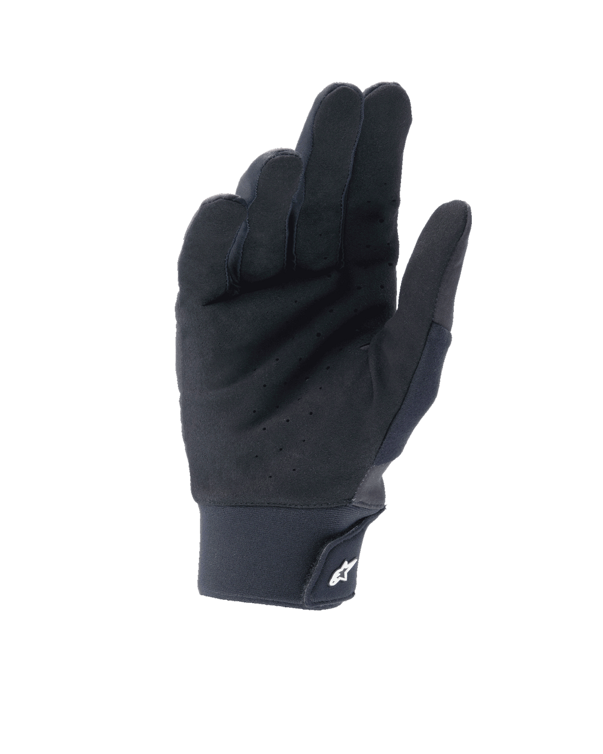Alpinestars A-Supra Shield Gloves, Black, palm view featuring perforated synthetic suede for ventilation, neoprene cuff with hook and loop closure and white star logo, technical gear for MTB and gravity riding