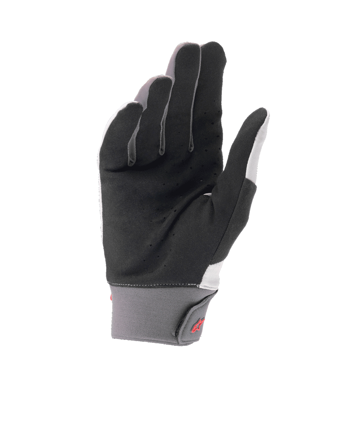Alpinestars A-Supra Shield-handskar, ljusgrå mountainbikehandskar, vy av handflatan som visar perforerad svart syntetmocka för ventilation, grå neoprenmudd med kardborreknäppe och röd logotyp