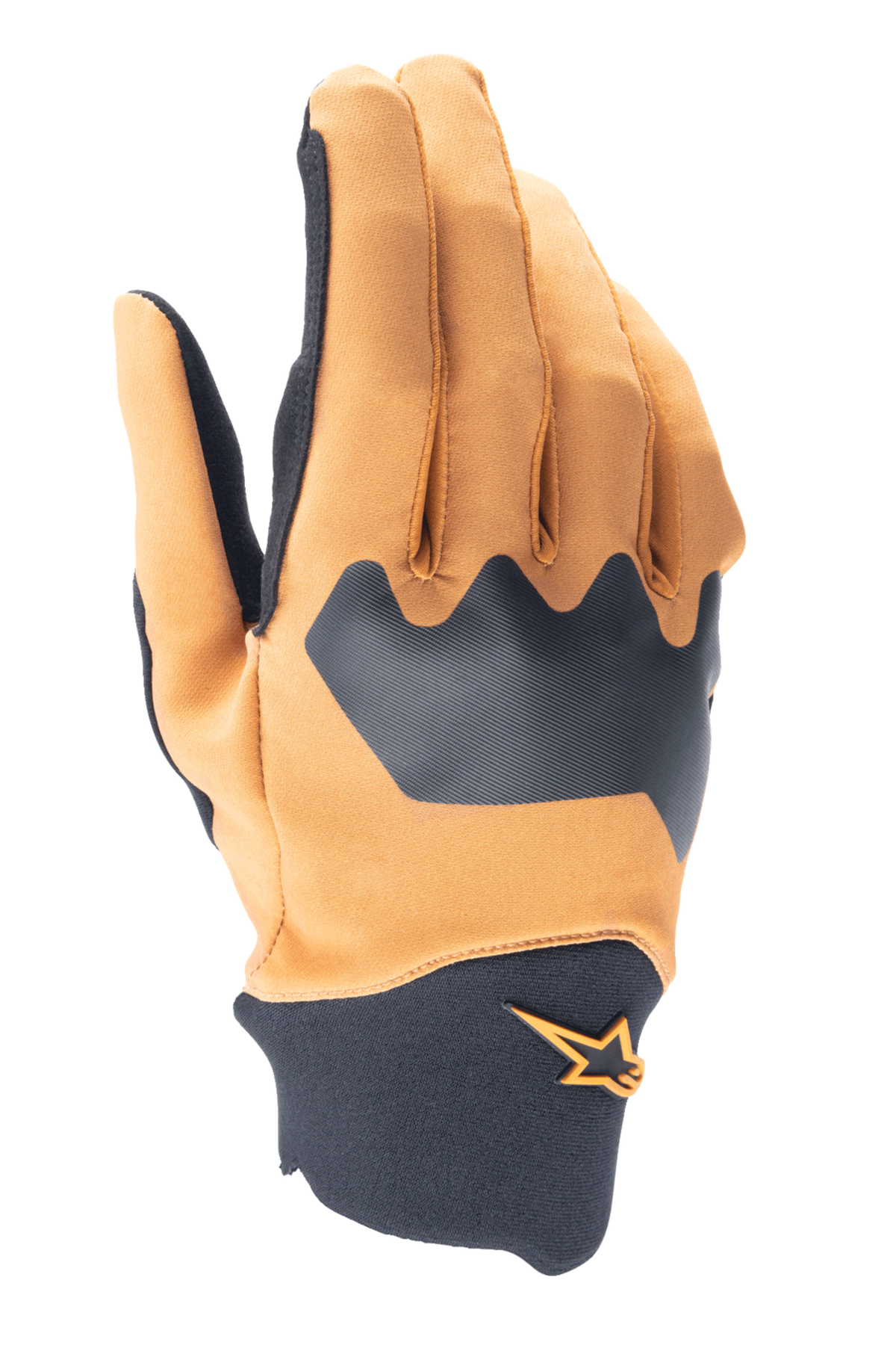 Alpinestars A-Supra Gloves, Mountain Bike Gloves, Dark Gold and Black, flexible spandex backhand with neoprene cuff, featuring an orange star logo, durable off-road cycling gear