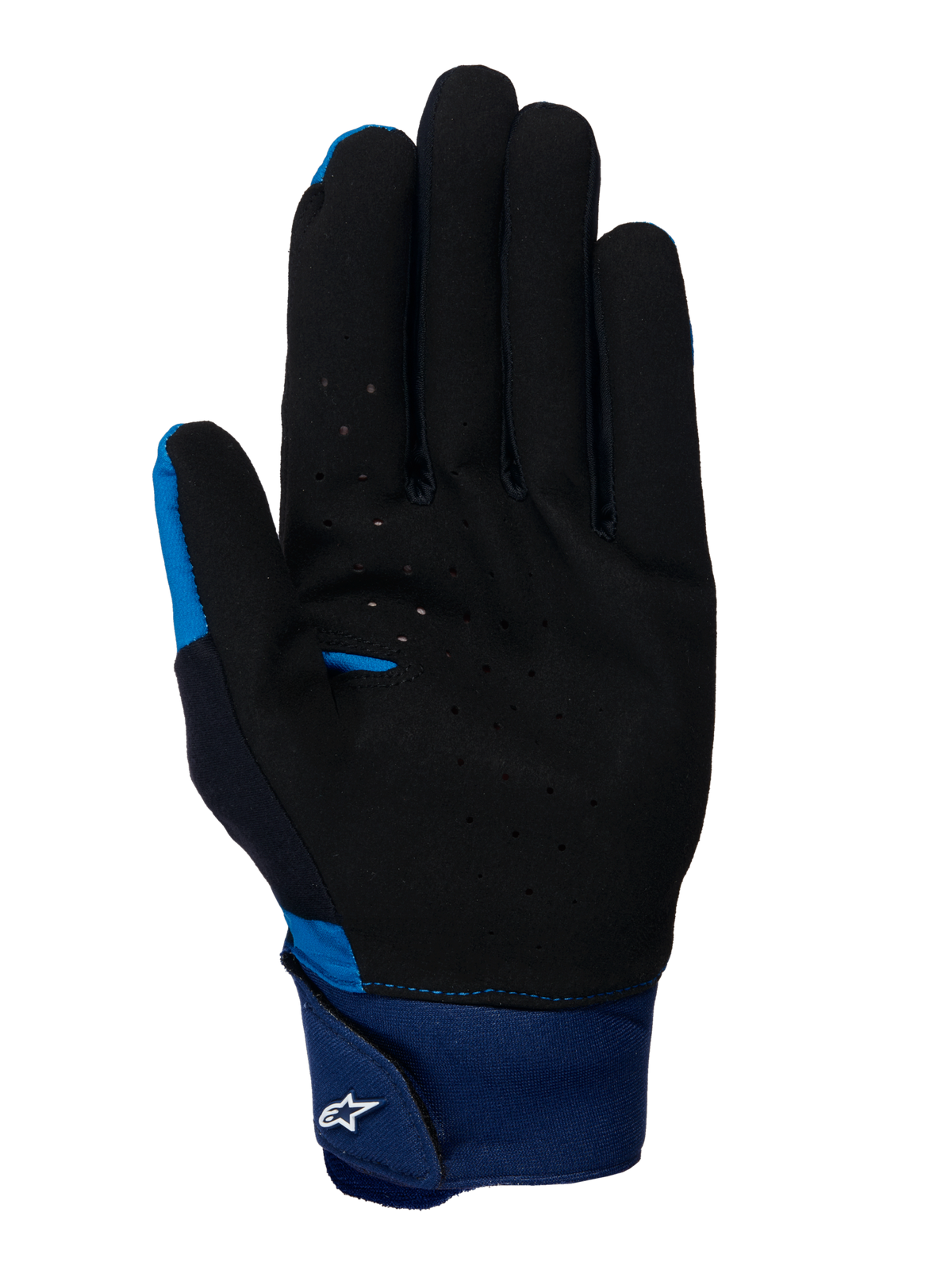 Alpinestars A-Supra-handskar, blå MTB-handskar, vy av handflatan som visar svart perforerat mockamaterial, bred blå neoprenmanschett med kardborreband och vit Alpinestars-logotyp