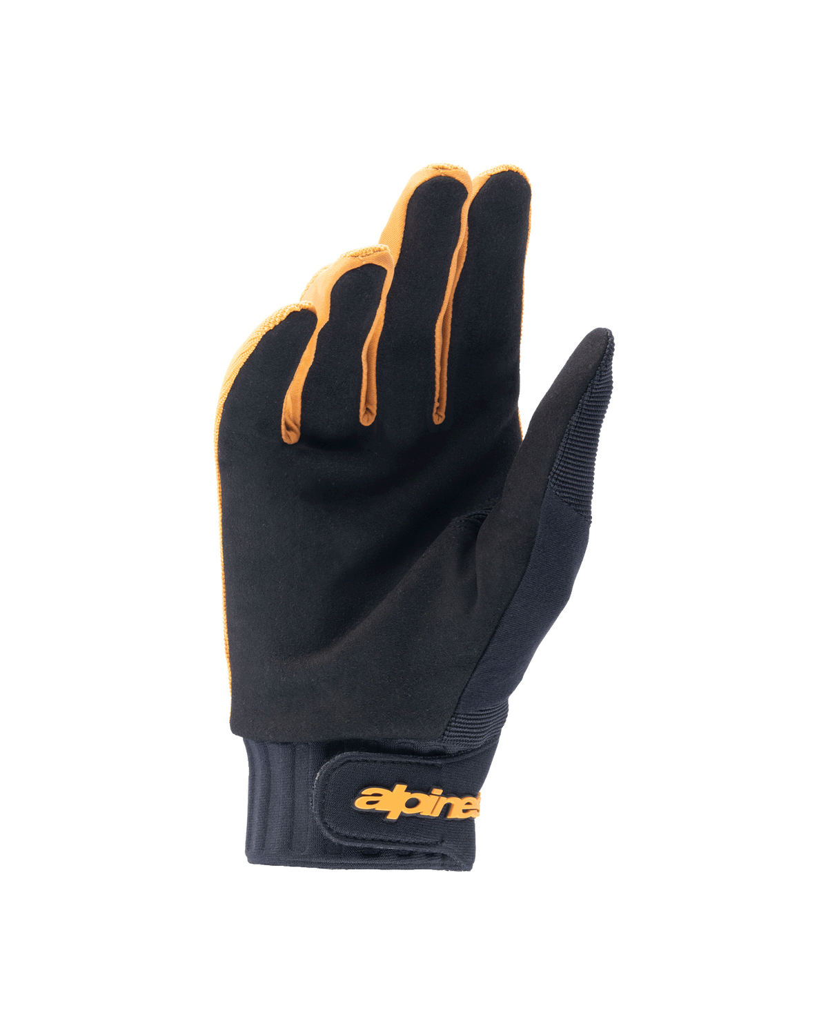 Alpinestars A-Dura-handskar, mountainbikehandskar, mörkt guld och svart, handflatevy som visar syntetiskt mockamaterial, neoprenmanschett med gul kardborreknäppning vid handleden, designade för grepp och rörlighet vid cykling.