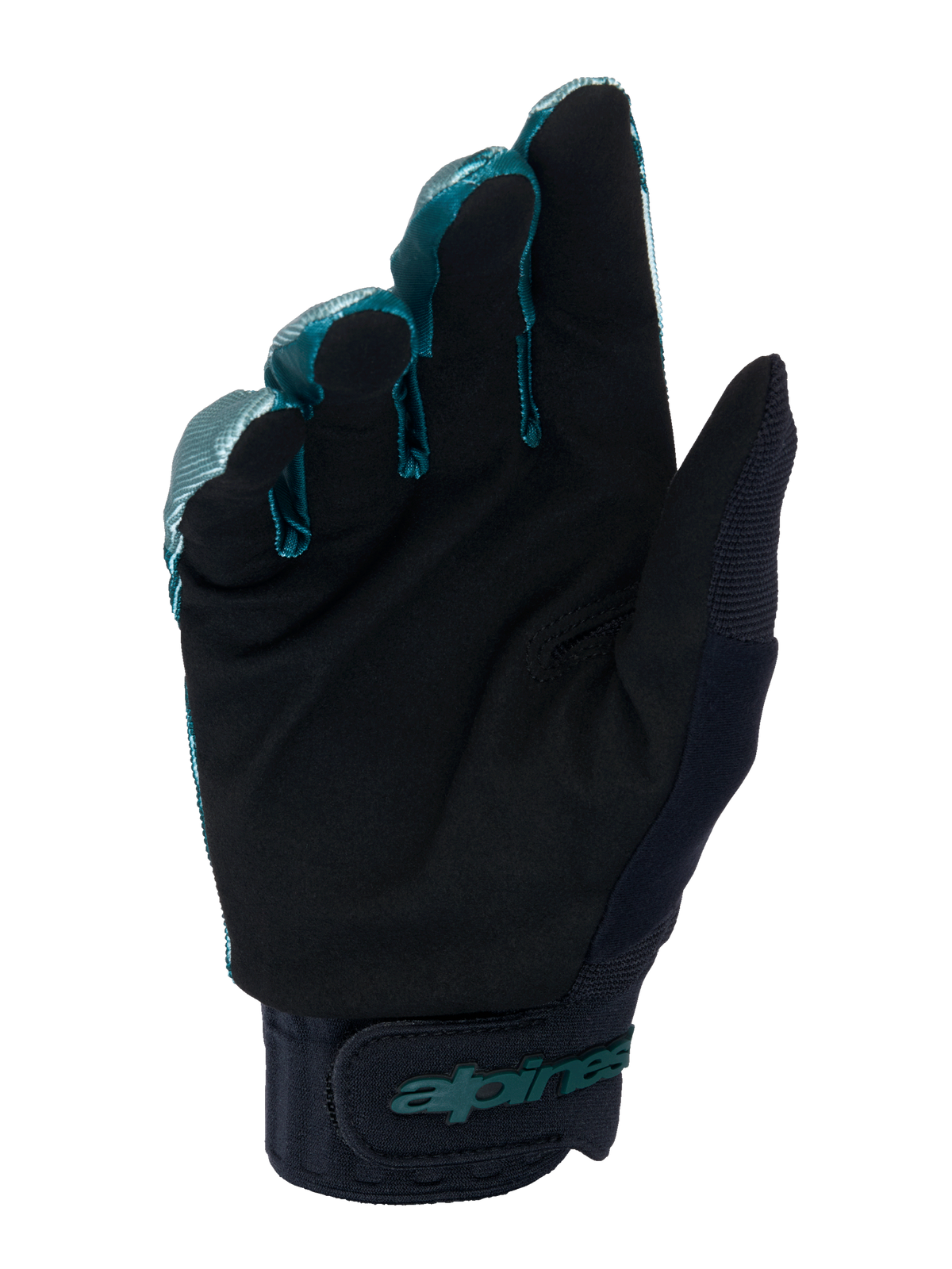 Alpinestars A-Dura-handskar, MTB-handskar, Green Camo och svart, vy från handflatan som visar svart syntetiskt mockamaterial, neoprenmanschett med justerbart kardborreband, teal Alpinestars-profilering, professionell terrängutrustning