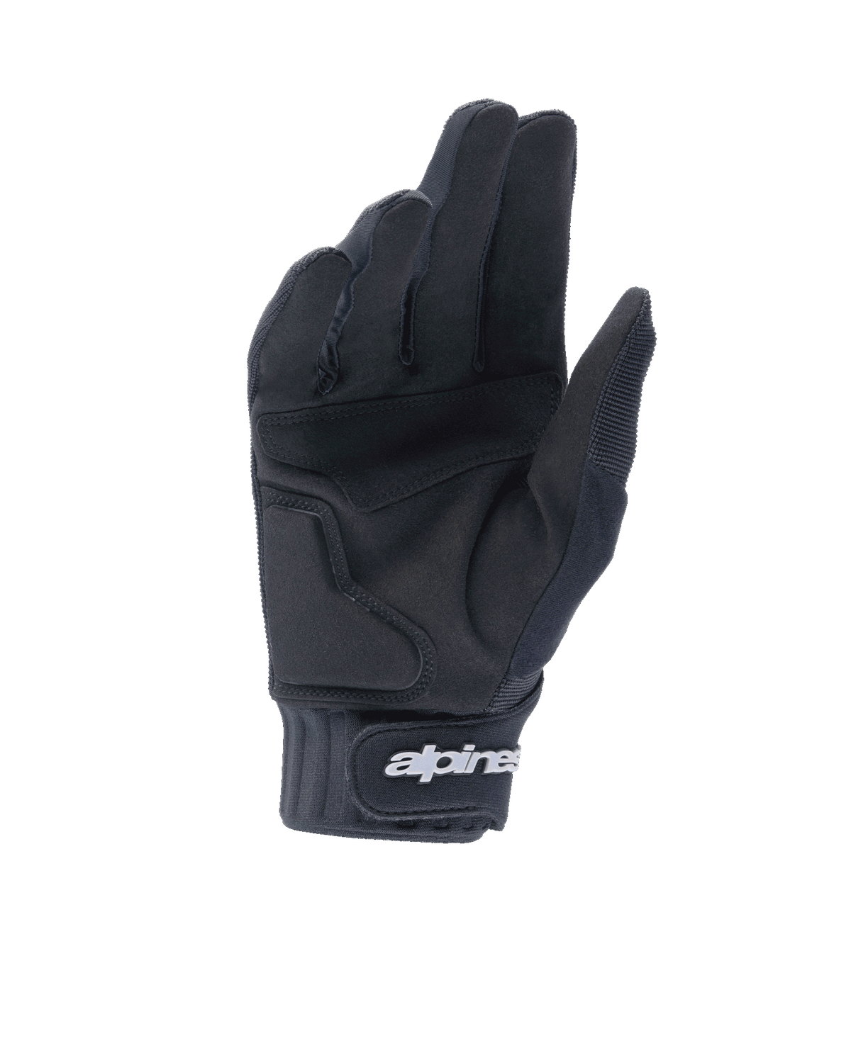 Alpinestars A-Dura Gel Handskar, svarta mountainbikehandskar, vy av handflatan som visar konstruktion i syntetisk mocka och gelvaddering, neoprenmudd med kardborrestängning och vit Alpinestars-logotyp, ergonomisk cykelutrustning för trail- och endurocykling