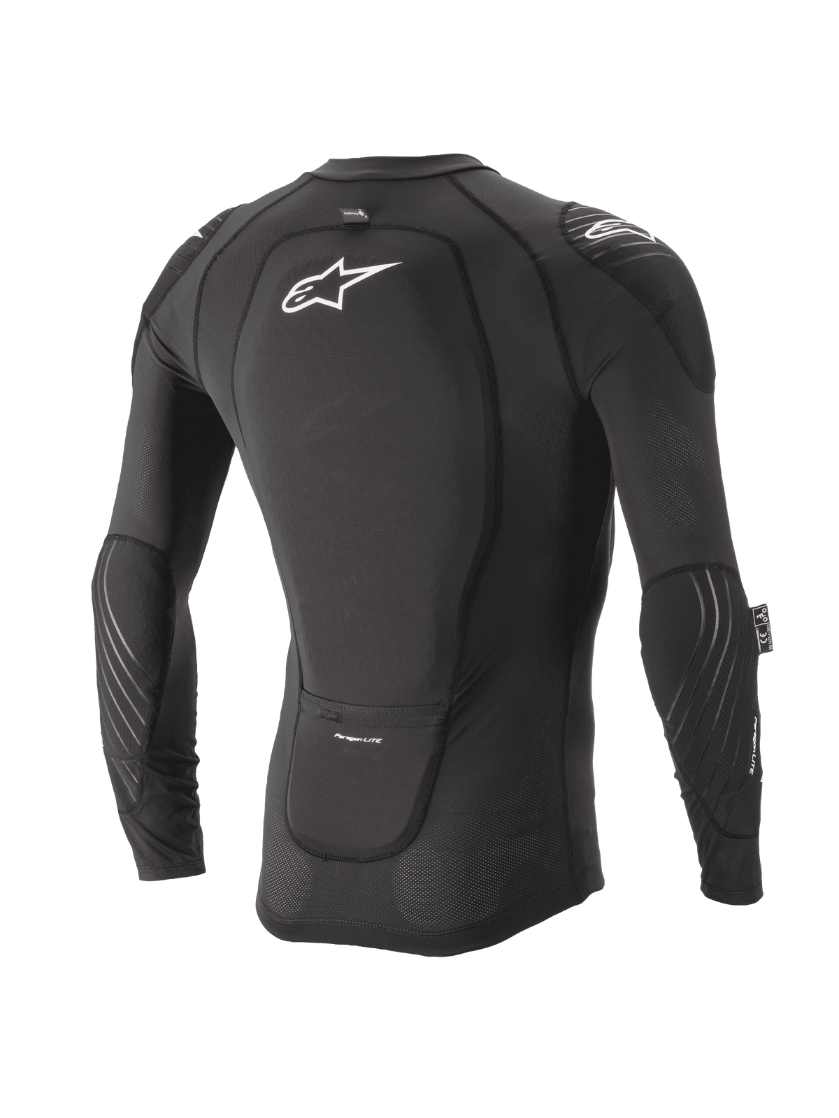 Alpinestars Youth Paragon Lite skyddsjacka, långärmad, svart, vy bakifrån som visar integrerat ryggskydd och vit logotyp, ventilerande mesh-ärmar med armbågsskydd, lättviktigt MTB-kroppsskydd
