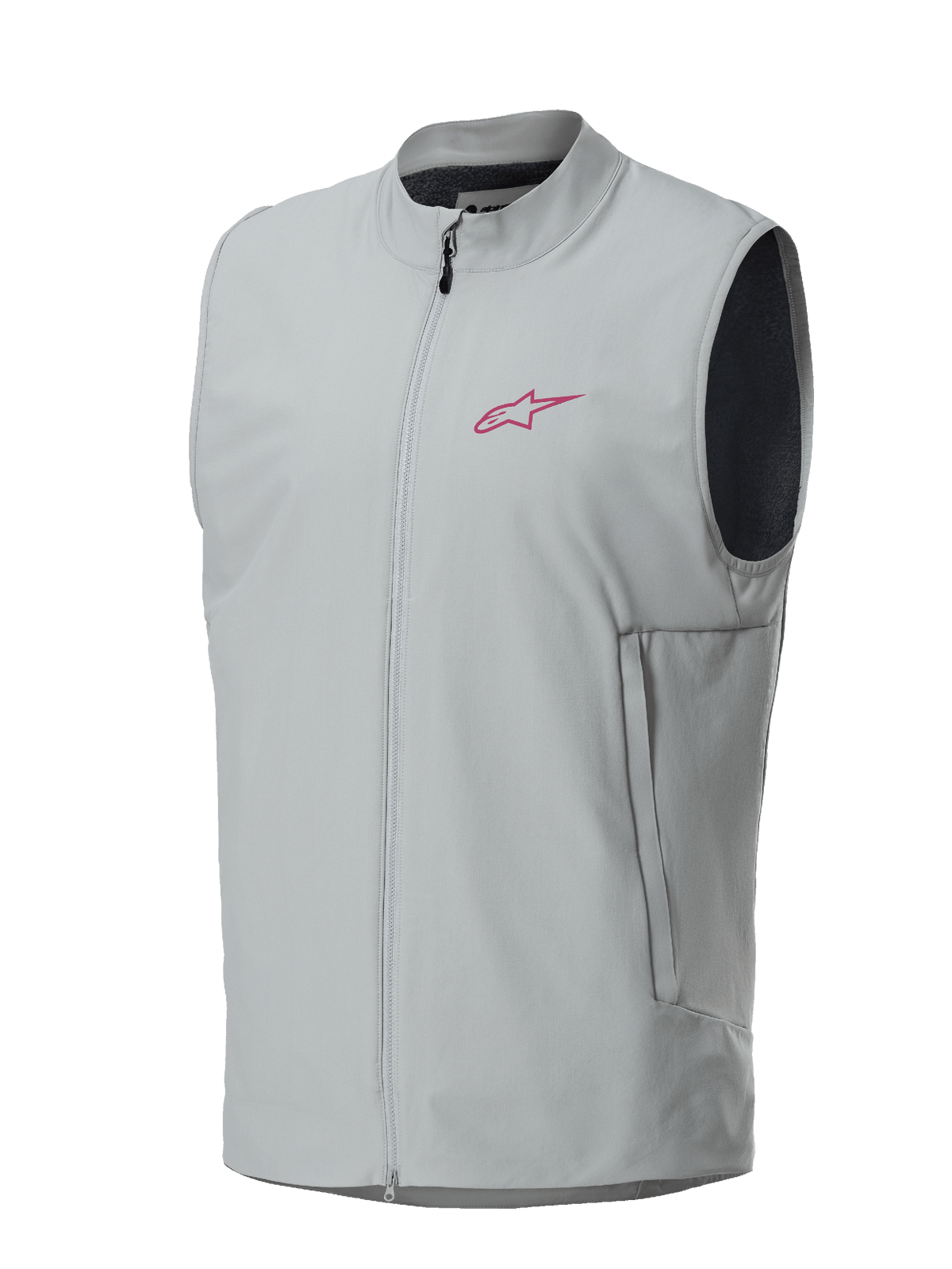 Alpinestars A-Dura Thermal Vest, titaniumgrå, magenta Alpinestars-stjärnlogotyp på bröstet, hel dragkedja fram med vertikala sidofickor, lätt isolerad väst för mountainbike och terrängcykling