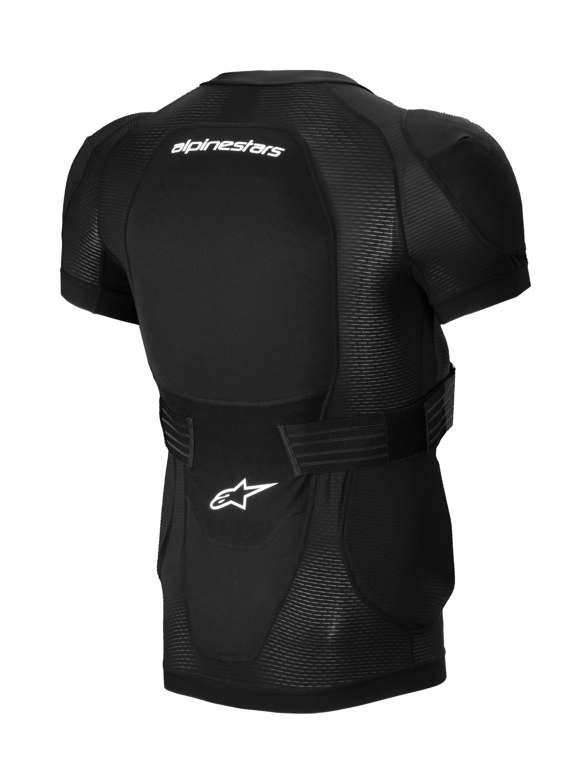 Alpinestars A-Impact Plasma Skyddsjacka - Kortärmad, svart, vy bakifrån med integrerat ryggskydd, vit Alpinestars-logotyp, justerbart midjebälte och ventilerande mesh-konstruktion för MTB-skydd
