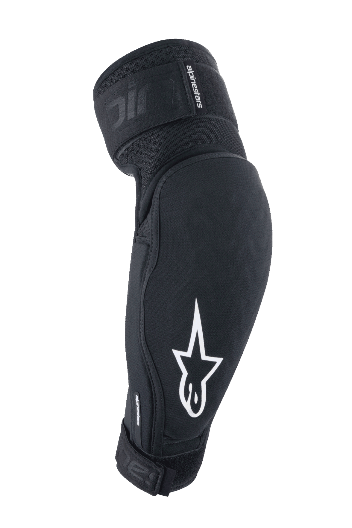 Alpinestars A-Impact Plasma Elite Elbow Protectors, Black and White, MTB protective gear with white star logo, breathable textured fabric, adjustable straps with Velcro closure, pre-curved ergonomic design