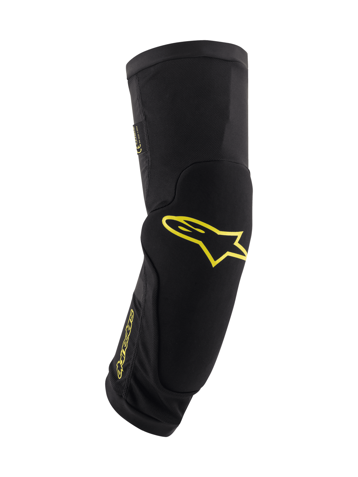 Alpinestars Paragon Plus knäskydd, svarta med syragula logotyper, skyddsutrustning för mountainbike, tubformad slip-on-modell med integrerad vaddering, ventilerande mesh och slitstarkt texturerat tyg