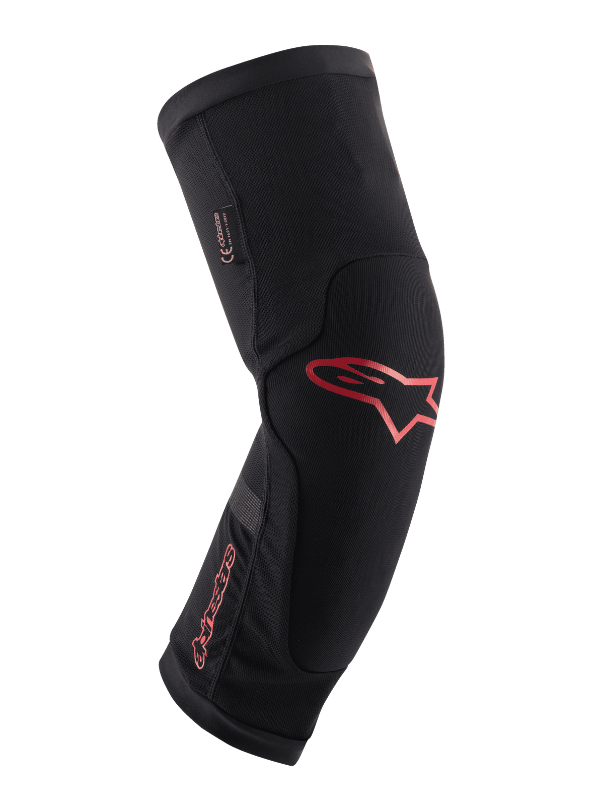 Alpinestars Paragon Plus knäskydd, svarta med röd Alpinestars-logotyp och text, ergonomisk slip-on-design, andningsbart mesh-tyg med förstärkta paneler, skyddsutrustning för mountainbike