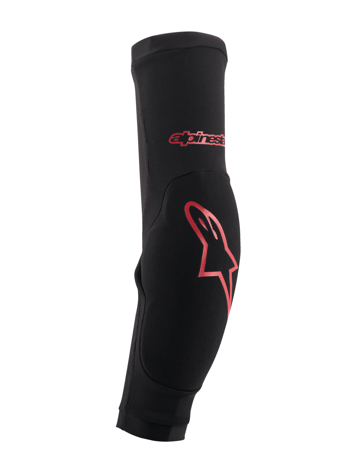 Alpinestars Paragon Plus armbågsskydd, svarta med röd logotyp, MTB mountainbike-skydd, formanpassad slip-on-ärm med förstärkt stötskydd och ventilerande mesh-chassi