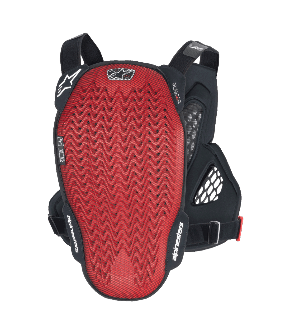 Alpinestars A-6 Plasma-bröstskydd, baksida, röd texturerad Nucleon PLASMA-ryggplatta med svarta sidovingar och justerbara remmar, MTB gravity-skyddsutrustning i Black Anthracite Red
