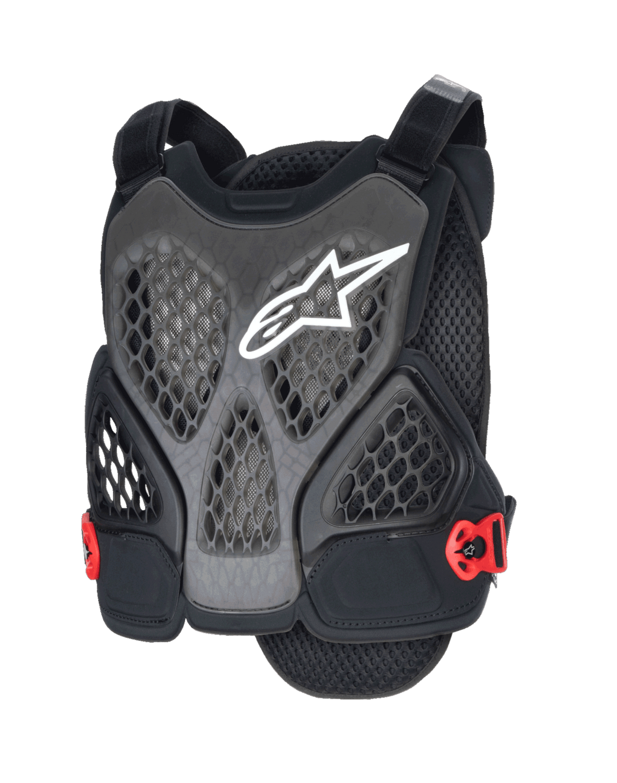 Alpinestars A-6 Plasma bröstskydd, MTB-bröstskydd, svart, antracit och röd, med vit stjärnlogotyp, perforerade bikakeformade meshpaneler för ventilation, röda sidospännen och justerbara axelremmar, designat för skydd vid terräng- och gravity-mountainbiking.
