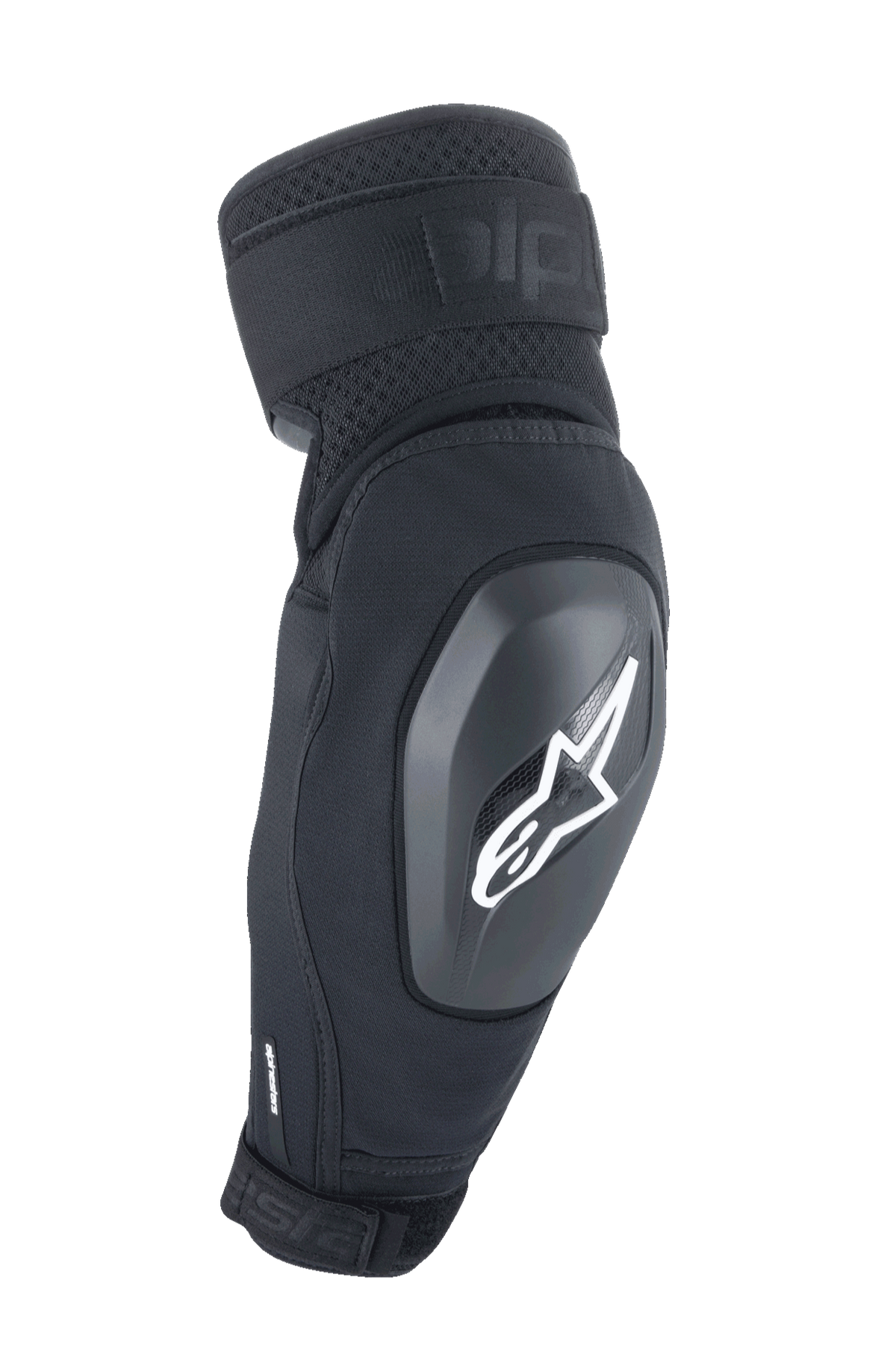 Alpinestars A-Impact Plasma Elite Shield armbågsskydd, svarta med vit stjärnlogotyp, hårt skyddsskal i TPU med dubbla justerbara remmar, mesh-ventilation, ergonomisk förböjd design, skyddsutrustning för MTB