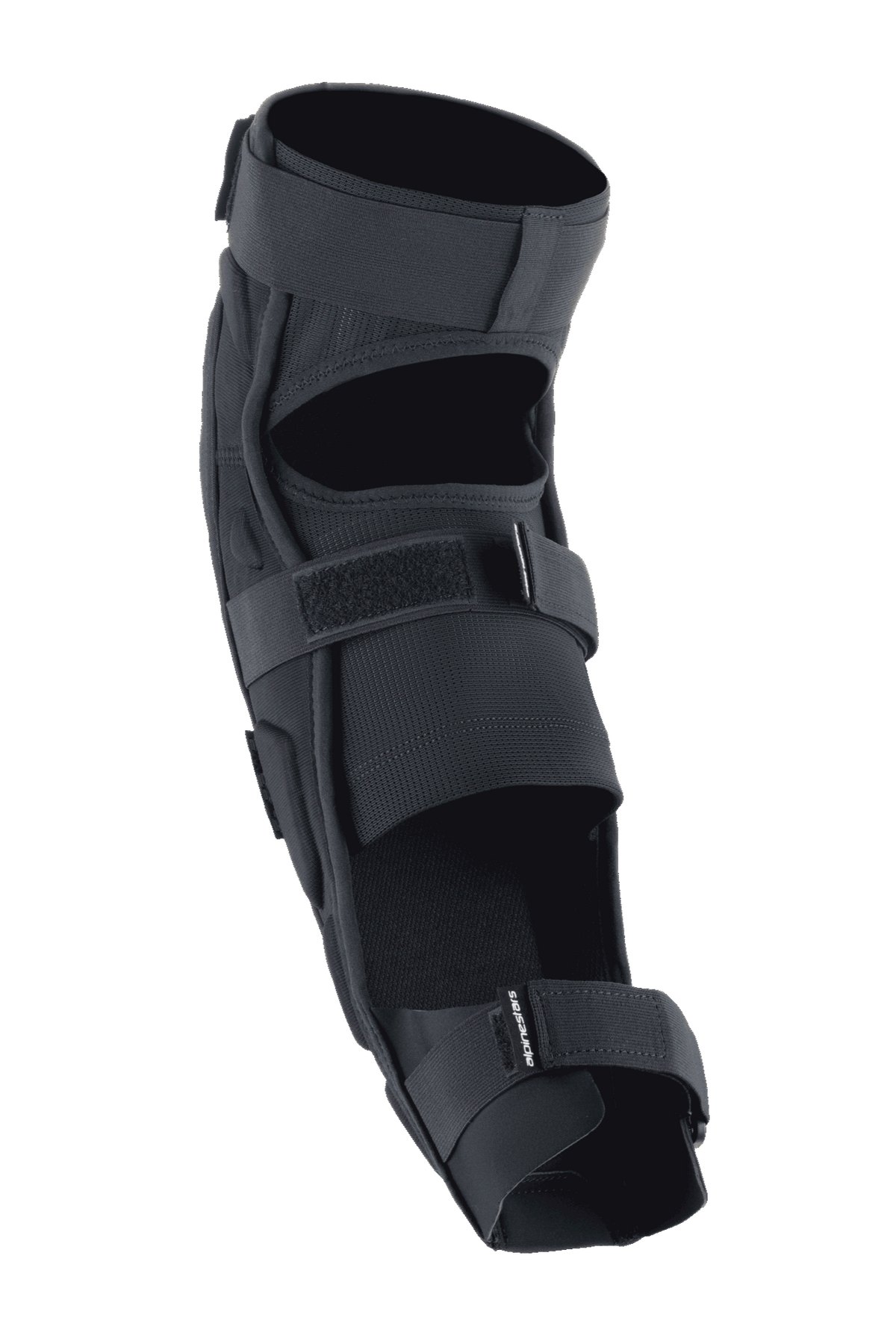 Alpinestars A-Impact Plasma Pro knä- och skenbensskydd, svarta, vy bakifrån med trippelt remsystem, ventilerande mesh-paneler och ergonomisk förböjd design för skydd vid terrängcykling