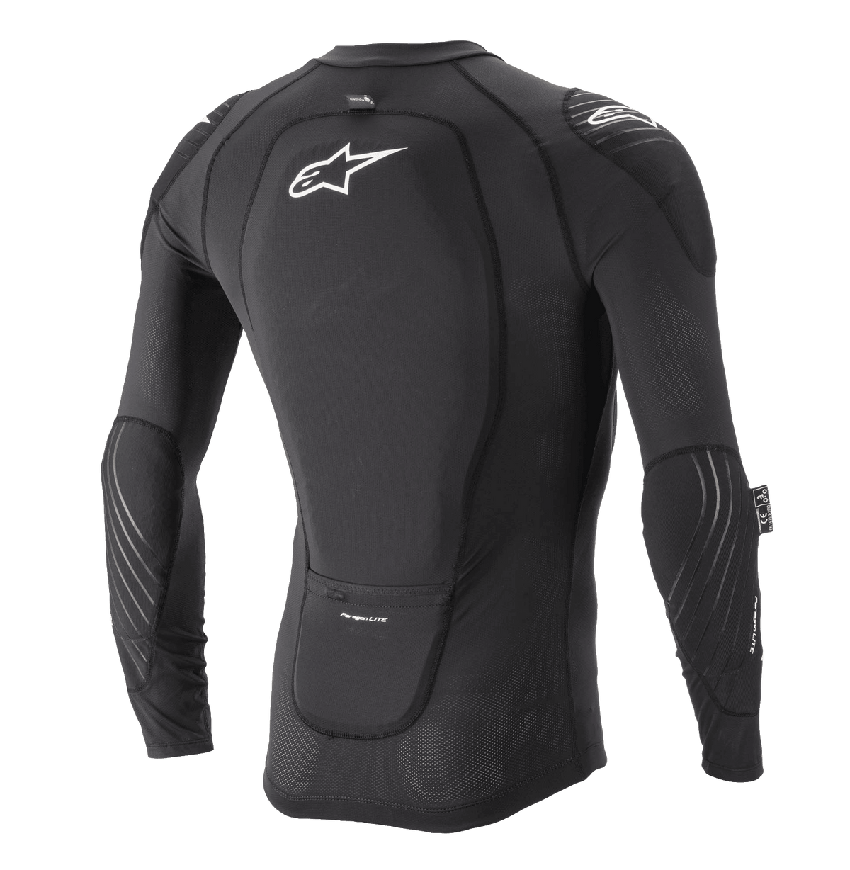 Alpinestars Paragon Lite Skyddsjacka – långärmad, svart, vy bakifrån med integrerat ryggskydd och vit Astar-logotyp, andningsbar meshkonstruktion med armbågs- och axelskydd, lättviktigt kroppsskydd för MTB