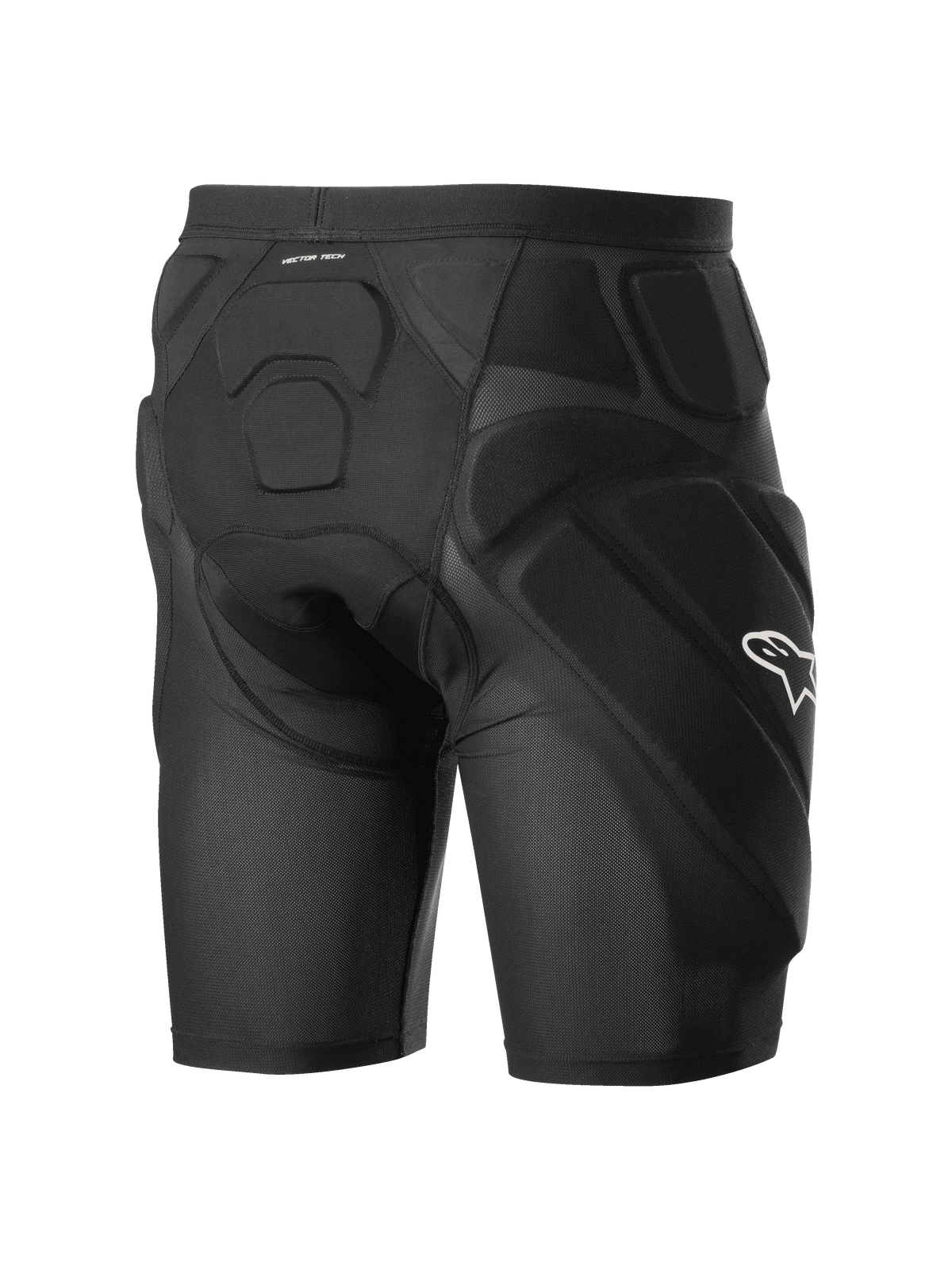 Alpinestars Vector Tech Shorts, svarta skyddsshorts för cykling, med integrerad EVA-minnesskumvaddering på höfter och rygg, andningsbar stretchmesh-konstruktion med en vit Alpinestars-logotyp på sidan.