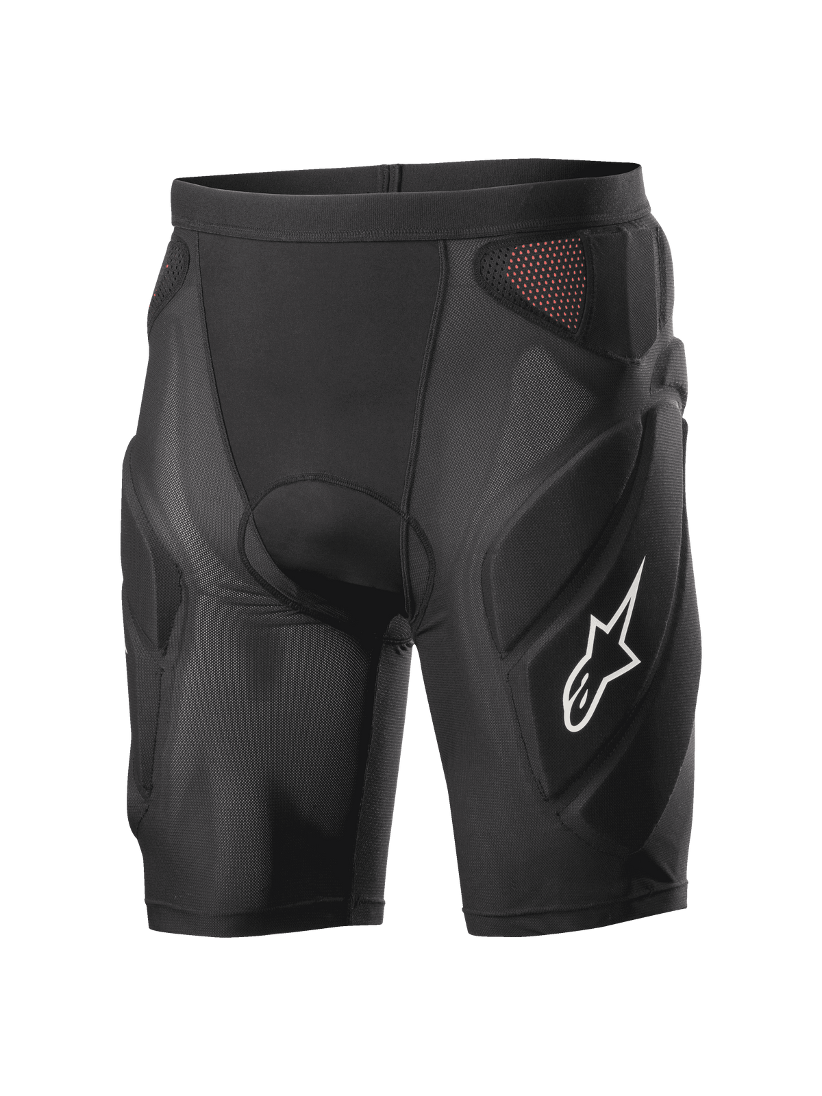 Alpinestars Vector Tech Shorts, svarta skyddsshorts för cykling, vadderad kompressionsdesign med röda meshpaneler, vit stjärnlogotyp på låret, lätt stretchmesh med EVA-skumskydd, utrustning för MTB och downhill