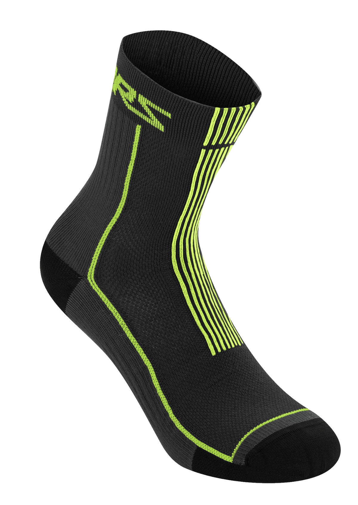 Alpinestars Summer Socks 15, svarta och neongula, lätta ribbade cykelstrumpor, med neongul ASTARS-logotyp och vertikala ränder på hälen, meshkonstruktion som andas för MTB-cykling i varmt väder