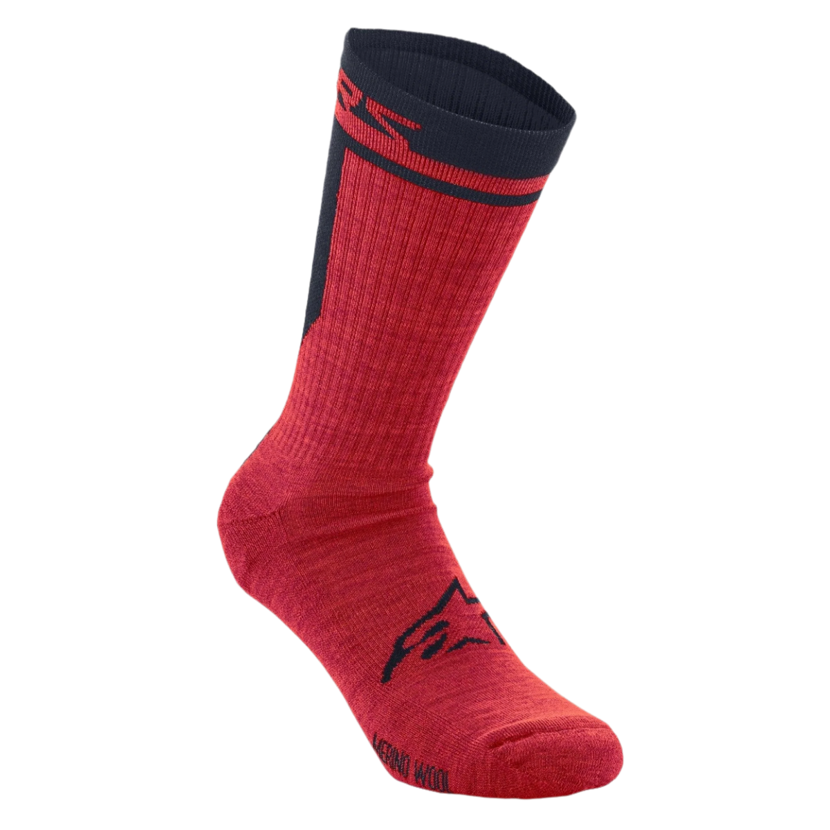 Alpinestars Merino Socks 24, cykelstrumpor, röda och svarta, enkellagers konstruktion i merinoull, med en svart Alpinestars-logotyp på foten och en svart mudd med röd logotyp
