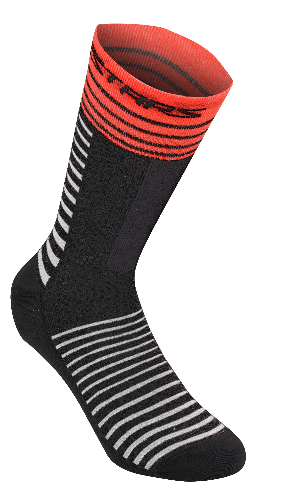 Alpinestars Drop Socks 19, MTB-cykelstrumpor, svarta med vita horisontella ränder, klarröd ribbad manschett med svart logotyp, lätt meshkonstruktion, 19 cm längd
