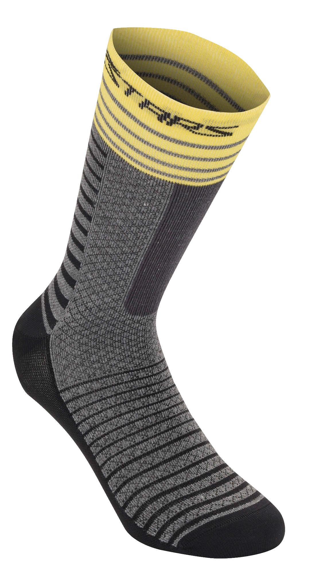 Alpinestars Drop Socks 19, cykelstrumpor, mellangrå och gula, med gul ribbad mudd med ränder, grå texturerad kropp med svarta horisontella mönster, svart förstärkt häl och tå, MTB-utrustning med hög andningsförmåga