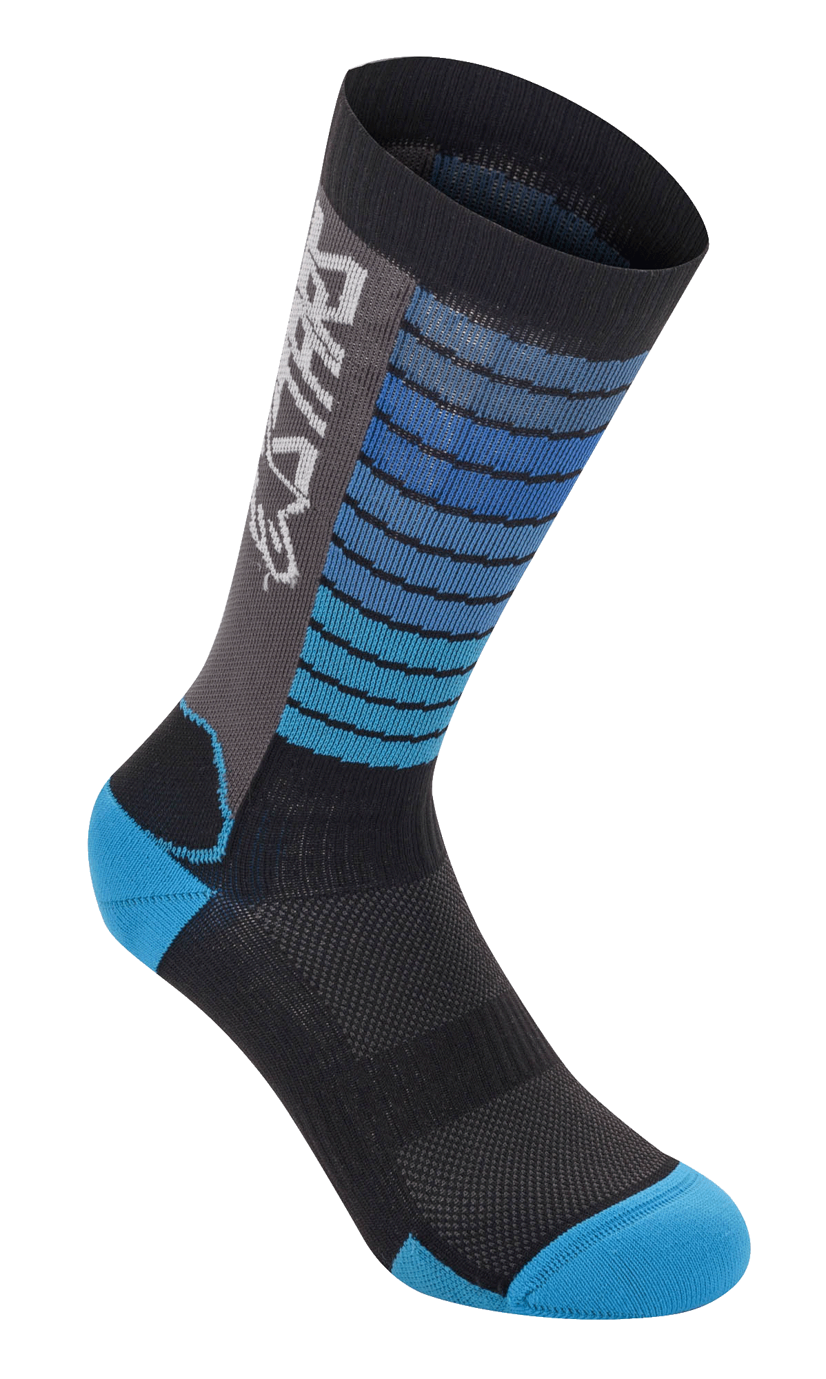 Alpinestars Drop Socks, MTB-cykelstrumpor, svarta och aquablå, horisontellt randigt mönster på skaftet, grå sidopanel med vit logotyp, förstärkt aquablå häl och tå, ventilerande meshtyg