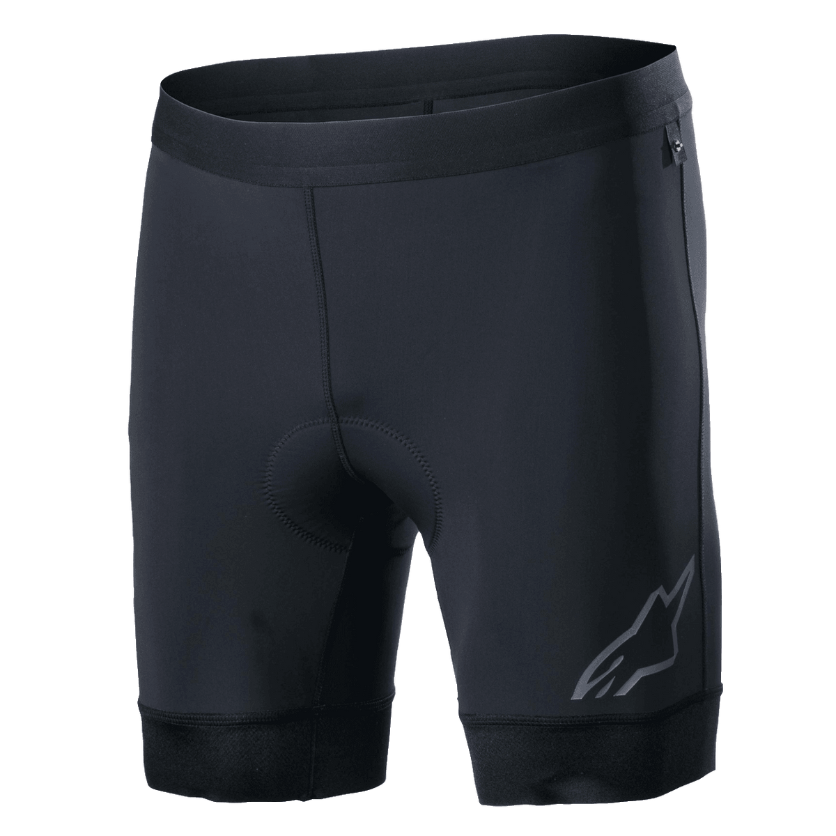 Alpinestars Alps Inner Shorts, svarta cykelinnerbyxor med integrerat vadderat sittområde, elastisk midja, reflekterande Astars-logotyp på nedre delen av vänster ben, stretchigt syntetmaterial för prestanda och fukttransporterande komfort