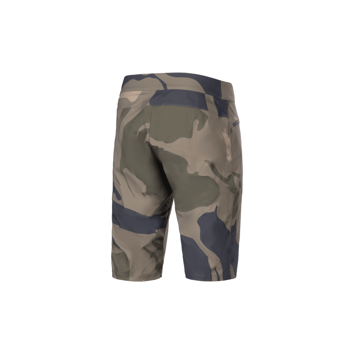 Alpinestars A-Dura Camo Liner Shorts, herr-MTB-cykelbyxor, kamouflagefärger och brun, baksida som visar slitstarkt 2-vägsstretchtyg och dragkedjeförsedda fickor